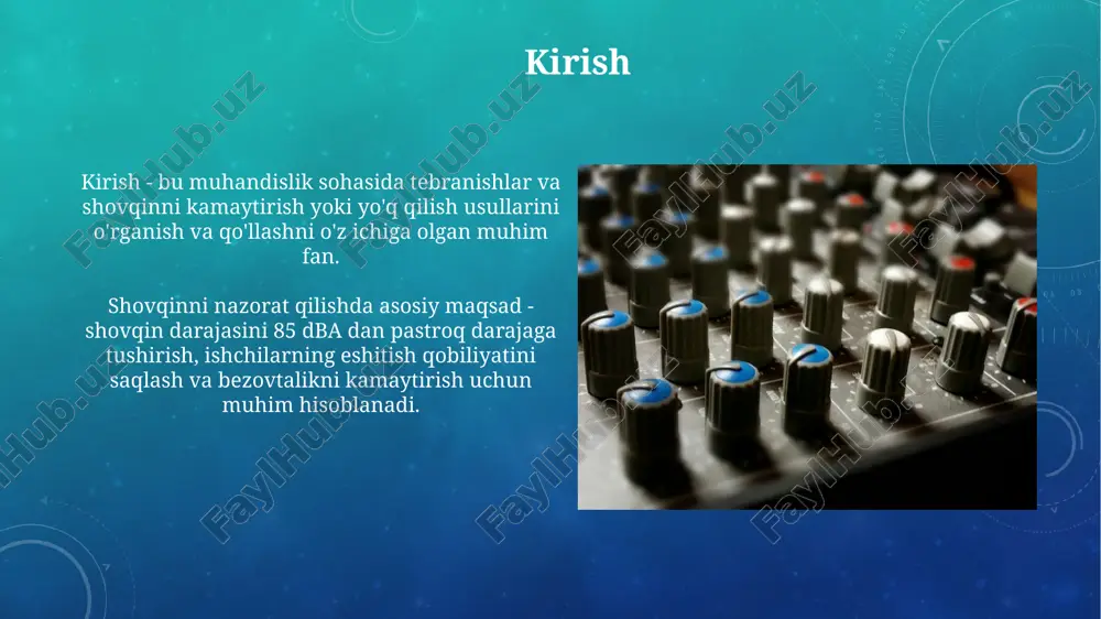 lari, masalan, viskoelastik polimerlar, rezonans chastotalarida energiya dissipatsiyasi orqali vibratsiyani kamaytirish uchun ishlatiladi, bu esa amplitudani sezilarli darajada pasaytiradi. dinamik absorberlar vibratsiyalarni kamaytirish uchun mo'ljallangan: ular asosiy tizimga ulanadi va rezonansda tebranib, 90-110% ga energiya uzatib vibratsiyani kamaytiradi. amaliy misollar va tadqiqotlar qurilishda tebranishni nazorat qilish uchun faol tadqiqotlar olib borilmoqda, masalan, poydevor ostiga tebranishni kamaytiradigan materiallar o'rnatish bo'yicha 20 dan ortiq tajribalar o'tkazilgan. avtomobilsozlik sanoatida shovqinni kamaytirish uchun 15 dan ziyod turli xildagi shovqinni yutuvchi panellarni qo'llash bo'yicha amaliy misollar mavjud bo'lib, ularning samaradorligi o'rganilgan. xulosa xulosa shuni ko'rsatadiki, shovqin va tebranish nazorati yechimlari 85 dba dan yuqori shovqin ta'siriga yo'l qo'ymaslik uchun samarali, ko'p qirrali muhandislik yechimlarini talab qiladi. o'rnatilgan shovqin to'siqlari, vibratsiyani susaytiruvchi materiallar va faol shovqinni bekor qilish tizimlari kabi turli texnologiyalar soniyada o'rtacha 50 dan 70 desibelgacha kamaytirishni ta'minlaydi. e'tiboringiz uchun rahmat image4.png image3.png image5.jpg image6.jpg image7.jpg image8.jpg image9.jpg image10.jpg image11.jpg image12.jpg image13.jpg image14.jpg image15.jpg …