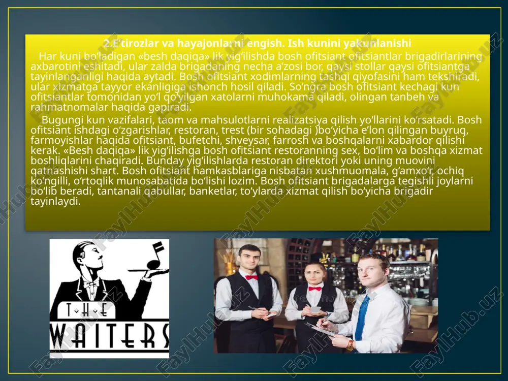 laridan bahramand bo‘lishlari mumkin. pivo barlari – maxsus joylarda pivo qo‘yib sotiladi yoki shishalarda beriladi. qo‘yib sotiladigan pivolar maxsus idishlardan yoki ishlab chiqargan zavod avtotsis-ternasidan bevosita avtomatlar orqali qo‘yib sotilishi mumkin. vino barlari – mehmonxonalar, restoran, kafelar qoshida faoliyat ko‘rsatadi. yengil ovqatlantirish ham mumkin, vaqti cheklangan, shoshilgan odamlar tez tamaddi qilib ketishi uchun juda qulay joy hisoblanadi 4.barlarni jihozlanishi. barda ishlash. barlardagi servis barlar odatda ma’muriy-madaniy va savdo markazlarida, mikrorayonlarda, restoran, kafe, mehmonxonalar qoshida ochiladi. binolarning tuzilishiga ko‘ra barlar quyidagicha joylashadi: - vestibyullarda – bu yerda kishilar uchrashadilar, suhbat qiladilar; - restoran barlari – bino ichida, zalda joylashadi; - yordamchi barlar–mehmonxona qavatlarida joylashadi; - banket barlari – banket zallarida joylashadi; - mini - barlar – mehmonxonaning mehmonlar uchun mo‘ljallangan xonalarida joylashadi. bar taomnomalarida aralash-ichimliklar, shuningdek, tabiiy kuchli alkogol ichimliklar bo‘ladi. har xil gazaklar mijozlar xohishiga qarab beriladi. hamma barlarda stereofonik ovoz chiqaradigan apparat, televizor, videomagnitafonlar, o‘yin avtomatlari bo‘lishi kerak. 50 …
