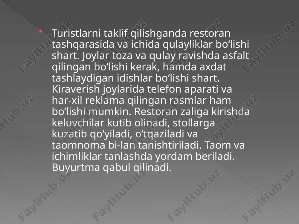 rlar – savdo markazlarida, shahar ichida, dam olish joylarida, odamlar gavjum magistrallarda, restoranlarda joylashgan bo‘ladi. gril-barda mijoz tanisq va noyob taomlarni olishi mumkin. barlarni jihozlanishi. barda ishlash. barlardagi servis barlar odatda ma’muriy-madaniy va savdo markazlarida, mikrorayonlarda, restoran, kafe, mehmonxonalar qoshida ochiladi. binolarning tuzilishiga ko‘ra barlar quyidagicha joylashadi: - vestibyullarda – bu yerda kishilar uchrashadilar, suhbat qiladilar; - restoran barlari – bino ichida, zalda joylashadi; - yordamchi barlar–mehmonxona qavatlarida joylashadi; - banket barlari – banket zallarida joylashadi; - mini - barlar – mehmonxonaning mehmonlar uchun mo‘ljallangan xonalarida joylashadi. 2-mavzu. xizmat sohasidagi xodimlar tiplari. servis korxonasini ishlab chiqarish menejmenti xususiyatlari reja: 1.tijorat, notijorat va davlat tashkilotlari ishchilari. to‘liq ish kunida band bo‘lgan ishchilar. 2.kasbiy xizmatlar ko‘rsatuvchi yoki kasbiy bilimlarni talab qilmaydigan xodimlar. 3.ishlab chiqarish ishchilari yoki aqliy mehnat ishchilari. 4.servis korxonasi ishlab chiqarishini tarkibi. 5.rahbarni ishlab chiqarish siklini tartibga solish bo‘yicha vazifalari. 6.ishlab chiqarishni tezkor boshqarish bo‘g‘inlari. tijorat, notijorat va davlat tashkilotlari …
