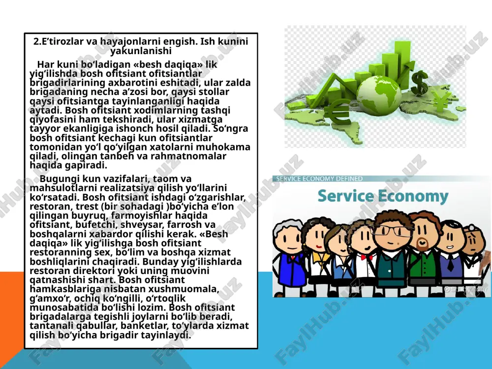 laridan bahramand bo‘lishlari mumkin. pivo barlari – maxsus joylarda pivo qo‘yib sotiladi yoki shishalarda beriladi. qo‘yib sotiladigan pivolar maxsus idishlardan yoki ishlab chiqargan zavod avtotsis-ternasidan bevosita avtomatlar orqali qo‘yib sotilishi mumkin. vino barlari – mehmonxonalar, restoran, kafelar qoshida faoliyat ko‘rsatadi. yengil ovqatlantirish ham mumkin, vaqti cheklangan, shoshilgan odamlar tez tamaddi qilib ketishi uchun juda qulay joy hisoblanadi 4.barlarni jihozlanishi. barda ishlash. barlardagi servis barlar odatda ma’muriy-madaniy va savdo markazlarida, mikrorayonlarda, restoran, kafe, mehmonxonalar qoshida ochiladi. binolarning tuzilishiga ko‘ra barlar quyidagicha joylashadi: - vestibyullarda – bu yerda kishilar uchrashadilar, suhbat qiladilar; - restoran barlari – bino ichida, zalda joylashadi; - yordamchi barlar–mehmonxona qavatlarida joylashadi; - banket barlari – banket zallarida joylashadi; - mini - barlar – mehmonxonaning mehmonlar uchun mo‘ljallangan xonalarida joylashadi. bar taomnomalarida aralash-ichimliklar, shuningdek, tabiiy kuchli alkogol ichimliklar bo‘ladi. har xil gazaklar mijozlar xohishiga qarab beriladi. hamma barlarda stereofonik ovoz chiqaradigan apparat, televizor, videomagnitafonlar, o‘yin avtomatlari bo‘lishi kerak. 50 …
