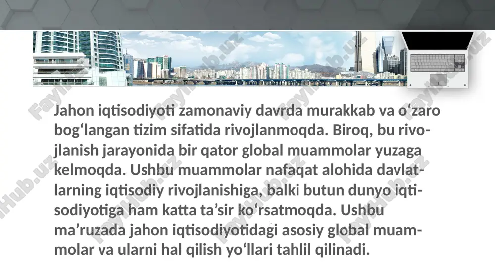 koniyatlarining susayishi. 11 barqaror iqtisodiy o‘sishni ta’minlash • innovatsion texnologiyalarni joriy qilish va ilm-fan taraqqiyotini qo‘llab-quvvatlash. • barqaror rivojlanish maqsadlari (sdg) asosida iqtisodiy siyosat yuritish. • savdo va investitsiya sharoitlarini yaxshilash. 12 iqlim o‘zgarishiga qarshi kurashda xalqaro hamkorlikni kuchaytirish (parij kelishuvi). a atrof-muhitga zarar yetkazmaydigan energiya manbalaridan foydalanish. b qayta tiklanadigan energiya manbalariga investitsiyalarni oshirish. c group group group ekologik barqarorlikni saqlash 13 kambag‘allikka qarshi kurash va ijtimoiy adolatni ta’minlash • ta’lim va sog‘liqni saqlash tizimlarini rivojlantirish. • kam daromadli aholiga subsidiya va yordam dasturlarini kengaytirish. • barqaror ish o‘rinlarini yaratish va yoshlarning bandligini oshirish. 14 ishsizlikni kamaytirish va mehnat bozorini rivojlantirish • texnik va kasbiy ta’lim dasturlarini kuchaytirish. • ishlab chiqarish va xizmat ko‘rsatish sektorlarida yangi imkoniyatlar yaratish. • ishchi kuchining migratsiyasini samarali boshqarish. 15 1 2 3 moliyaviy barqarorlikni ta’minlash va iqtisodiy inqirozlarga qarshi choralar • bank tizimini mustahkamlash va ishonchli moliyaviy siyosat yuritish. • davlat va xususiy …