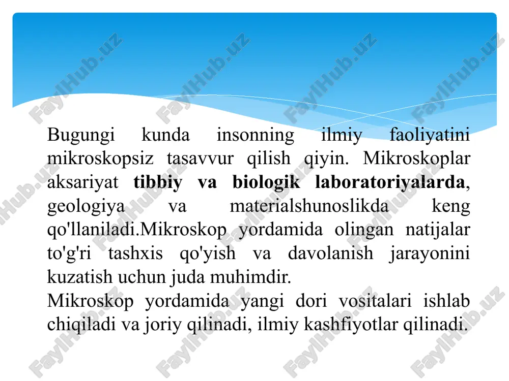 . rentgen nurlari hosil qilinadi mikroskopda rentgen nurlari manbai mavjud (odatda, sinkrotron yoki mikrofokus trubka). ushbu manbadan kuchli rentgen nurlari chiqariladi. ✅ 2. namuna rentgen nurlari bilan yoritiladi rentgen nurlari namunaga yo‘naltiriladi. bu nurlar namuna orqali o‘tadi yoki unda sochiladi / singadi. rentgen mikroskopining ishlash printsipi ✅ 3. fokuslash linzalari yordamida tasvir shakllantiriladi rentgen nurlari maxsus linzalar orqali fokuslanadi. odatdagi shisha linzalar rentgen nurlarini o‘tkazmaydi, shuning uchun quyidagilar ishlatiladi: fresnel zonasli plastinka reflektor oynalar bu linzalar yordamida rentgen nuri kerakli nuqtaga to‘plab, aniq tasvir shakllantiradi. ✅ 4. tasvir detektor orqali olinadi namunadan chiqqan yoki o‘tgan rentgen nurlari detektorga tushadi: ccd kamera fotoplastinka raqamli sensorlar detektor nurlarning intensivligini o‘lchaydi va tasvir hosil qiladi. trombotsit cheloveka diatomovaya vodorosl xvost krisi rm yordamida olingan tasvirlarga misollar: rossiyalik olimlar nanoobyektlarni o‘rganish uchun 3d mikroskop yaratdilar. nano-ob'ektlarni tadqiq qilish e'tiboringiz uchun rahmat! image2.png image3.png image4.png image5.png image6.png image7.png image8.emf image9.png image10.png image11.png image12.png image13.png image14.png …