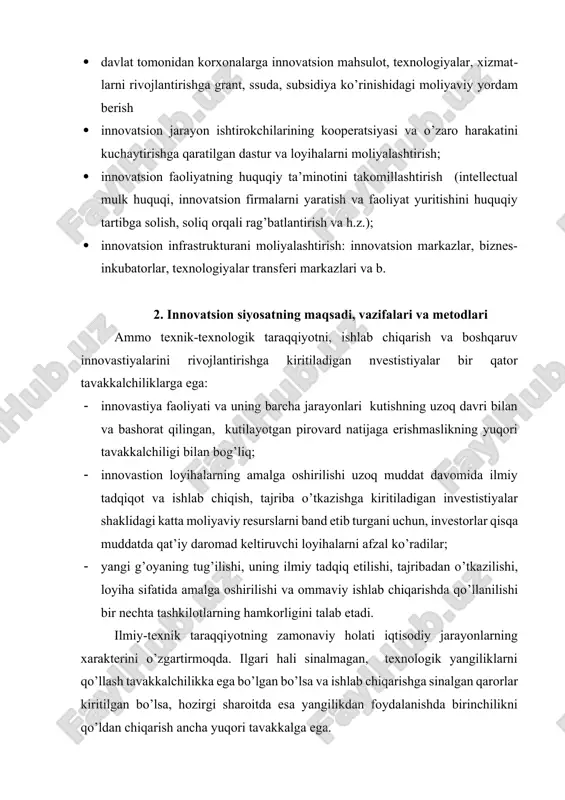 va b. 2. innovatsion siyosatning maqsadi, vazifalari va metodlari ammo texnik-texnologik taraqqiyotni, ishlab chiqarish va boshqaruv innovastiyalarini rivojlantirishga kiritiladigan nvestistiyalar bir qator tavakkalchiliklarga ega: innovastiya faoliyati va uning barcha jarayonlari kutishning uzoq davri bilan va bashorat qilingan, kutilayotgan pirovard natijaga erishmaslikning yuqori tavakkalchiligi bilan bog’liq; innovastion loyihalarning amalga oshirilishi uzoq muddat davomida ilmiy tadqiqot va ishlab chiqish, tajriba o’tkazishga kiritiladigan investistiyalar shaklidagi katta moliyaviy resurslarni band etib turgani uchun, investorlar qisqa muddatda qat’iy daromad keltiruvchi loyihalarni afzal ko’radilar; yangi g’oyaning tug’ilishi, uning ilmiy tadqiq etilishi, tajribadan o’tkazilishi, loyiha sifatida amalga oshirilishi va ommaviy ishlab chiqarishda qo’llanilishi bir nechta tashkilotlarning hamkorligini talab etadi. ilmiy-texnik taraqqiyotning zamonaviy holati iqtisodiy jarayonlarning xarakterini o’zgartirmoqda. ilgari hali sinalmagan, texnologik yangiliklarni qo’llash tavakkalchilikka ega bo’lgan bo’lsa va ishlab chiqarishga sinalgan qarorlar kiritilgan bo’lsa, hozirgi sharoitda esa yangilikdan foydalanishda birinchilikni qo’ldan chiqarish ancha yuqori tavakkalga ega. 1990 yillardan boshlab rivojlangan davlatlarda iqtisodiyotning faol innovastion rivojlanishi boshlandi. yirik …