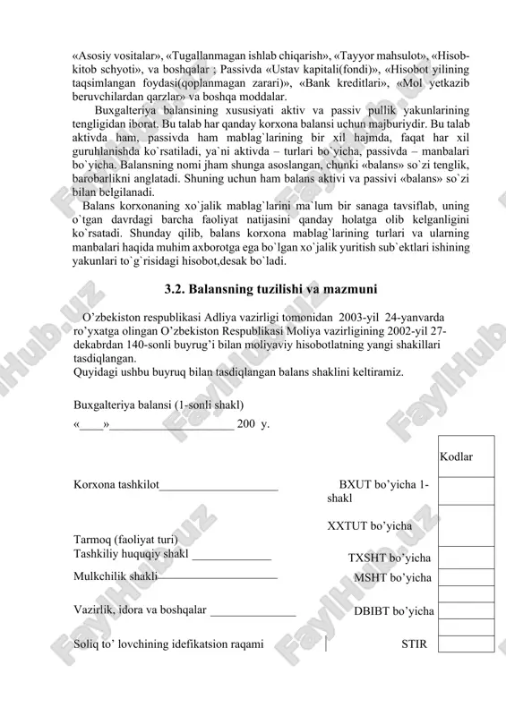 , mablag`lar turlarining qanday maqsad- larga mo`ljallanganini han tavsiflash uchun ishlatiladigan bo`ldi. manbalarning tarkibiy qismini majburiyatlar tashkil etadi. sub`ekning majburiyatlari - bu oldingi amalgam oshirilgan muomalalarni natijasi yoki kelajakda o`zida mujassamlashgan iqtisodiy nafni chiqib ketish yoki yangi majburiyatlarni vujudga kelishi bilan yakunlanadi. majburiyatlarni 3 xil xususiyatga ega bo`lishi kerak: a) aktivlarning chiqib ketishi yoki xizmat ko`rsatish yo`li bilan to`lashni vujudga keltiradigan mavjud doimiy majburiyatni o`zida mujassamlashtirishi; b) sub`ekt uchun malburiyatning bajarilishi shartligi va qariyb muqarrarligi; c) oldingi bitim yoki voqealar natijasi bo`lishi. uning aktivda ham, passivda ham balans moddalari 2ga bo`lib ko`rsatiladi. aktivda: i bo`lim.uzoq muddatli aktivlar; ii bolim . joriy aktivlar. passivda: i bo`lim. o`z mablag`lari manbalari; ii bo`lim. majburiyatlar. balans ko`rsatkichidan quyidagi ko`rsatkichlarni aniqlab olish mumkin aktivlar aylanma va uzoq muddatli kapitallari yig`indisiga teng. xo`jalik yurutuvchi sub`ektlarning o`z mablag`lari aktivlaridan majburiyatlarini ayirgani teng. aktiv va passivning har bir unsuri (element) mablag`lar turi yoki ularning manbai balans moddasi deb …