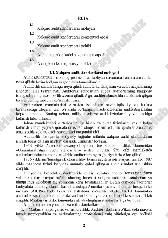 ash uchun tekshirish, so’roq, kuzatish va tasdiq usullari orqali etarli hajmda dalillar yig’ish (sufficient competent evidentual matter is to be obtained through inspection, observation, inquires and confirmations to afford a reasonable basis for an opinion regarding the financial statements under examination). 1.1.-rasm. auditning umumqabul qilingan standartlari. auditning umumqabul qilingan standartlari to’g’ri rejalashtirish va nazorat. ichki nazorat tizimini tushunishning etarliligi. zarur dalillarning etarli miqdori. ob’ektlarining ish standartlari hisobotning gaap bilan mos kelishi. gaap qoidala riga amal qilin maydigan holat lar. ma’lumotlar bilan yoritib berishning etarliligi. moliyaviy hisobot haqida fikrning to’liq bayon etilishi. majburiy tayyorgarlik va mahoratlilik. mustaqillik. majburiy malakaviy ziyraklik. xulosa standartlari umumiy malaka va etika standartlari 5 xulosa standartlari: 1. hisobotning gaap bilan mos tushishi. xulosada moliyaviy hisobotning buxgalteriya hisobining umumqabul qilingan tamoyillarga mos kelishi haqida ma’lumot keltirib o’tiladi (the report shall state whether the financial statements are presented in accordance with generally accepted accounting principles). 2. gaap qoidalariga amal …