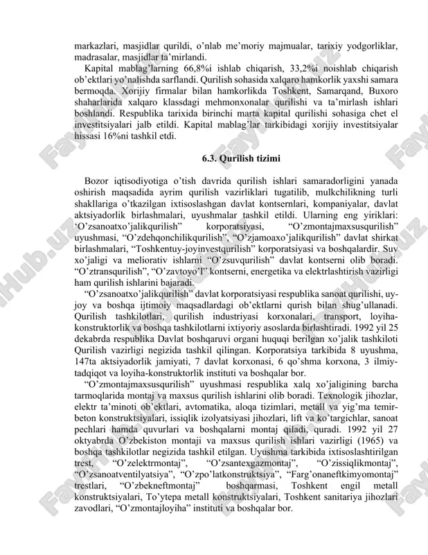 kichik firmalar qurilmoqda. imoratlarni tiklashda engil konstruktsiyalar ko’proq qo’llanilmoqda, xo’jaliklar qo’rg’onlarini qurishda uy-joylar bilan bir paytda madaniy-maishiy muassasalar, ishlab chiqarish binolari kompleks foydalanishga topshiriladi. qurilishda jami jarayonlarni qamrab olgan qishloq qurilish kombinatlari barpo etilgan. o’zbekistonda qudratli iqtisodiy salohiyatni barpo etishdagi muvaffaqiyatlar bevosita qurilish bilan bog’liq. 1924-95 yillarda 5,5 ming km. temir yo’l, 1500 dan ortiq yirik davlat sanoat korxonasi, 40 ga yaqin magistral kanal, 54 yirik suv va sel ombori qurildi, 2 mln. ga dan ortiq sug’oriladigan erlar o’zlashtirildi, 29 mln. ga yaylovga suv chiqarildi. 1995 yilda jami manbalardan o’zlashtirilgan kapital mablag’lar 82,2 mlrd. so’mni, jumladan uning 47,0 mlrd. so’mini qurilish-montaj ishlariga sarflangan mablag’lar tashkil etdi. kapital mablag’lar tarkibida davlat hissasi 57%ga tushdi. uy-joy qurilishi keng miqyoslarda olib borildi va moliyalashning jami manbalaridan foydalanildi. respublika mustaqillikka erishganidan so’ng kapital qurilish yangi dastur asosida davom ettirildi. respublika iqtisodiyoti uchun muhim bo’lgan avtomobil’, oltin qazib olish, neft’ va boshqa sanoat tarmoqlarida yangi …