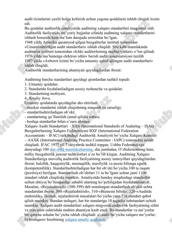 hirish maqsadlarida oʻtkaziladigan moliya hujjatlari ekspertizasi va tahlili; taftish. uning ichki auditor va tashqi auditor turlari bor. ichki auditor boshqaruvning korxona xoʻjalik faoliyati toʻgʻrisida axborot olish, menejerlar hisobotining haqqoniyligini tasdiqlash maqsadlarini koʻzlaydi. tashqi auditor oʻzaro mustaqil tomonlar (korxona va auditorlik firmasi) oʻrtasida shartnoma asosida amalga oshiriladi. auditorda korxona moliyaviy hisobotining toʻgʻriligiga baho beriladi, uning amaldagi qonunchilikka mos kelishi tasdiqlanadi. auditor yoʻnalishiga koʻra umumiy auditor (korxonalar, birlashmalarning tashkiliy-huquqiy shakli hamda mulkchilik turlaridan qat’i nazar), bank audit sugʻurta tashkilotlari audit investitsiya institutlari audit va boshqalarga boʻlinadi. audit standartlari - o’zining professional faoliyati davomida hamma auditorlar rioya qilishi lozim bo’lgan yagona asos tamoyillardir. auditorlik standartlariga rioya qilish audit sifati darajasini va audit natijalarining ishonchliligini ta’minlaydi. auditorlik standartlari sudda auditorlarning haqqoniy ishlaganligining asosi bo’lib xizmat qiladi. agar auditor standartdan chekinish qilgan bo’lsa, buning sababini ko’rsatishi lozim. butunjahon mamlakatlari o’rtasida bo’ladigan savdo-iqtisodiy va boshqa ko’rinishdagi aloqalar ular o’rtasida bo’ladigan hisob-kitoblarni unifikatsiyalashni taqozo etmoqda. buning uchun, …