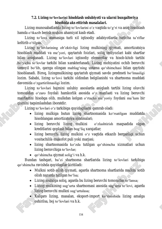 ning balansida mavjud bo‗lgan iqtisodiy resurslari hamda majburiyatlari tarkibini kamayishiga olib keladi hamda uning mulkiy holatiga baho berishda qo‗llaniladigan moliyaviy ko‗rsatkichlarini shakllantirishda mazmunan noaniqliklarni keltirib chiqaradi. lizing operatsiyalarida majburiyatlar lizing to‗lovlari ko‗rinishida amal qiladi. lizing to‗lovlari shartnomada ko‗rsatilgan muddatlarda so‗ndirib boriladi. lizing beruvchida lizing mol-mulkini sotib olish bilan bog‗liq xarajatlar kapital qo‗yilmalar sifatida hisobga olinadi. bunda shartnomani tuzish paytida asosiy shartlardan biri lizing beruvchi lizing ob‘ektini uni ishlab chiqarib sotuvchidan lizing oluvchilarga faqatgina lizinga berish maqsadida sotib olishi mumkin. bu erda lizing oluvchi shartnomada ko‗rsatilgan shartlar to‗liq bajarilguniga qadar lizing ob‘ektining mulkdori hisoblanmaydi va ushbu lizing ob‘ektini 001- balansdan tashqari schyotda hisobga olib boradi. lizing mulkini sotib olish lizing kompaniyasining o‗z mablag‗lari va qarzga olingan mablag‗lar hisobidan amalga oshiriladi. lizing shartnomalarining asosiy talablaridan biri bo‗lib shunday shart hisoblanadiki, unga asosan lizing mulkini sotuvchidan faqat lizing oluvchiga lizing mulki berilsagina sotib olinadi. 154 7.2. lizing to„lovlarini hisoblash uslubiyoti va ularni buxgalteriya …