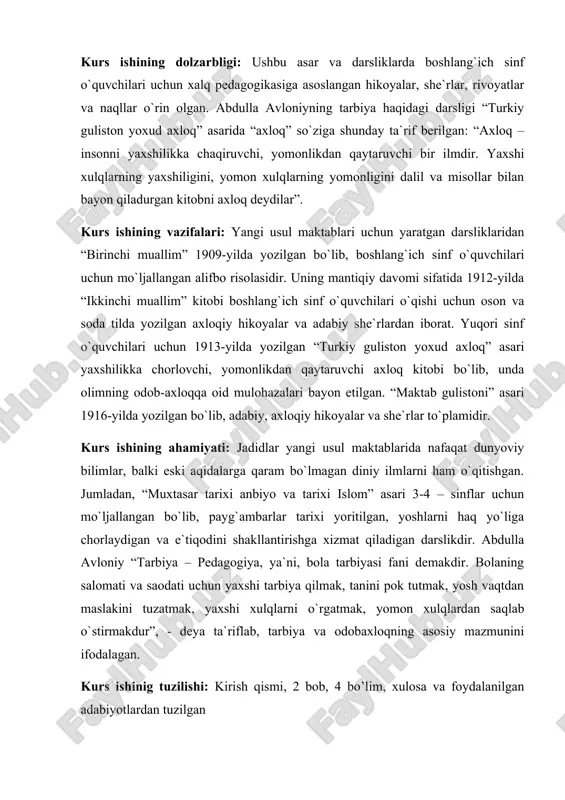 a`diy sheroziy, mirzo bedil va bir qancha mutafakkirlarning fikrlari va asarlaridan foydalangan. har bir axloqiy kategoriyaga avval o`z munosabatini bildirib, keyin shu fikrning mazmunini ifodalovchi maqol, hikmatli so`z yoki bayt keltirgan. abdulla avloniy qarashlariga ko`ra, axloqiy tarbiya xususiy ish emas. bu tarbiya – ijtimoiy jarayon. har bir insonning tarbiyasiga butun jamiyat mas`ul bo`lishi lozim. xalqlar, millatlarning taraqqiy qilishi, davlatlarning qudratli bo`lishi ko`p jihatdan o`sib kelayotgan yoshlarning tarbiyasiga bog`liq bo`ladi.bolalarda axloqiy xislatlarning tarkib topishida ijtimoiy muhit, oilaviy sharoit va bolaning atrofidagi kishilar katta ahamiyatga ega. ma`rifatparvar olim abdulla avloniy millat savodxon, ziyoli bo`lishi uchun maktablar ochdi, bolalarni vatanga muhabbat ruhida tarbiyalashga harakat qildi, she`rlar, asarlar, darslik va majmualar yozdi, yetuk pedagog va metodist olim sifatida qo`llanmalar yaratdi, publitsistik faoliyat olib bordi, ta`lim, tarbiya va axloqni ulug`lab, jaholat va ilmsizlikni qoraladi, ham diniy, ham dunyoviy bilimlar egallashga chorladi. abdulla avloniyning fidokorona mehnatlari natijasida ochilgan maktablar o`zbek xalqining mustaqillikka intilishi, chor zulmidan xalos …