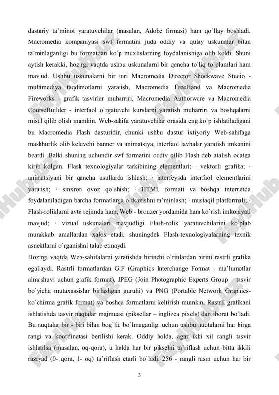 n bog`liq bo`lmaganligi uchun ushbu nuqtalarni har birga rangi va koordinatasi berilishi kerak. oddiy holda, agar ikki xil rangli tasvir ishlatilsa (masalan, oq-qora), u holda har bir pikselni ta’riflash uchun bitta ikkili razryad (0- qora, 1- oq) ta’riflash etarli bo`ladi. 256 - rangli rasm uchun har bir pikselga bunday razryadlardan 8 ta kerak bo`ladi (256=2 8 ). juda ham murakkab fotorealistik rangli tasvirlar 1 pikselga 24 razryad talab qiladi. natijada rastr tasvirli fayllar o`lchami tasvirni rang chuqurligi o`sgani sari oshib boradi. rastrli tasvirlarni yana bir kamchiligi shundan iboratki, tasvir sifati piksel o`lchamiga bog`liq, u esa o`z navbatida monitorni imkoniyati bilan belgilanadi. shuning uchun bir xil rasm turli monitorlarda har xil ko`rinishga ega bo`lishi mumkin. rastrli tasvir o`lchamini o`zgartirish juda ham murakkab ishdir. chunki bunday tasvirni kattalashtirish piksellar sonini o`sishiga olib keladi. kompyuter grafikasi sohasidagi mutaxassislar tomonidan juda murakkab rastrli tasvirlar piksellar «ko` naytirish» yoki “o`chirish (agar tavirni kichraytirish kerak bo`lsa)” …