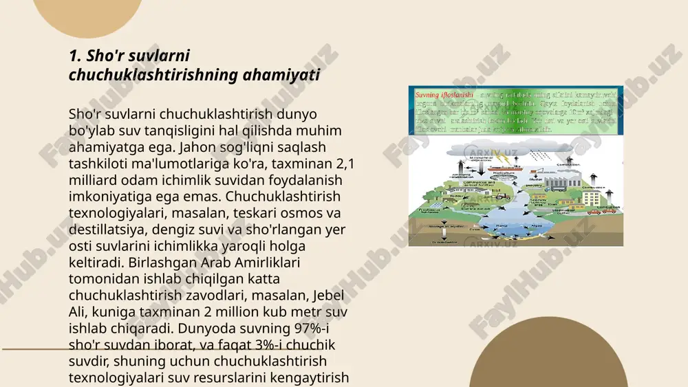 da ishlatiladi. membranali usullar ekologik xavfsiz va energiyadan samarali foydalanishni ta'minlaydi. ... t.me/slaydai_bot distillatsiya usuli sho'r suvlarni tozalashda samarali hisoblanadi. ushbu jarayonda suv qaynab bug'lanadi va keyin kondensator yordamida sovutilib qayta suyuqlikka aylanadi. distillatsiya natijasida sho'r suv tarkibidagi tuzlar va nopokliklar ajratiladi, natijada toza ichimlik suvi hosil bo'ladi. buning uchun ko'p energiya talab qilinadi: bir litr sho'r suvni tozalash uchun taxminan 2,4 kvt soat energiya sarflanadi. sho'r suvni distillatsiya qilish butun dunyo bo'ylab ichimlik suvi tanqisligini hal qilishda muhim usullardan biri sifatida qaraladi. suv distillatsiya zavodi kuniga minglab litr toza suv ishlab chiqarishi mumkin. ... t.me/slaydai_bot 7. sho'r suvlarni chuchuklashtirishning iqtisodiy samaradorligi sho'r suvlarni chuchuklashtirish iqtisodiy samaradorligi loyihalarini tahlil qilishda bir kub metr suvni chuchuklashtirish narxi muhim omildir. ayniqsa, dengiz suvidan chuchuk suv olishdagi tipik narx 0.5 dan 3 aqsh dollarigacha. hozirda membranalar orqali chuchuklashtirish (ro) keng qo'llaniladi, bu texnologiya energiyani samarali ishlatadi va xarajatlarni kamaytiradi. dunyo bo'yicha yilda 95 …
