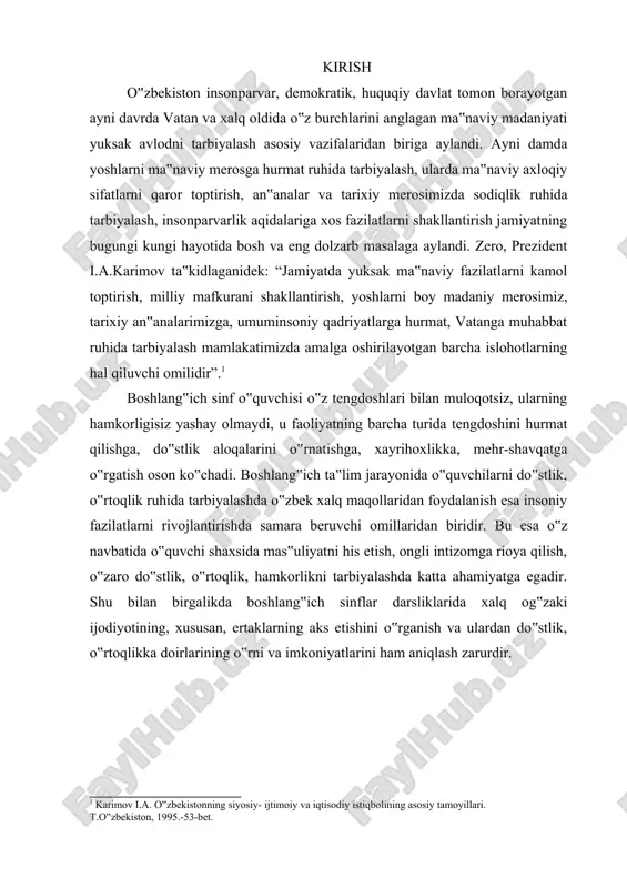 ehnatga, jamiyatga, hayotga, ota-ona, qarindosh-urug‟, tengdoshlarga bo‟lgan axloqiy munosabatlarida o‟z aksini topadi va odamning ma‟naviy dunyosini ifodalaydi. do‟stlik, o‟rtoqlik axloqiy fazilat sifatida axloq nazariyasi rivoji bilan bog‟liq bo‟lib, uning muhim manbalaridan biri xalq pedagogikasi durdonalari deyish mumkin. insoniyat qadim-qadimdan har qanday odam qalbida e‟tiqodga ishonch, o‟zining haqligiga qiyinchiliklarni yenga olishiga ishonch borligini anglagan. odamlarni shu il fazilatlar bir-biriga yaqinlashtirgan, faoliyat, qiziqish va turli his, ehtiyojlarning uyg‟unligi, ular o‟rtasida qalb yaqinligini, hamkorlik qilishni, hamdardlikni, mehr-oqibatni yuzaga keltirgan. o‟zaro shu xildagi aloqalar shaxs ma‟naviy dunyosini boyitadi. kishining o‟zi axloqiy qiyofasini, boshqa odamlarga bo‟lgan munosabatida namoyish qiladi, bu uning kechinmalarini, ehtiyojlarini, amal qiladigan qadriyatlarini, axloqiy tushunchalarini, tasavvurlarini namoyish qiladi. axloqiy kamolot uchun zarur bo‟lgan fazilat va sifatlarga juda yoshlikdan boshlab asos solinsagina odatga aylanadi. ijtimoiy taraqqiyotning hamma bosqichlarida xalq tinchlik, hamkorlik, hamjihatlikka intilgan va buning omili sifatid aodamlarning o‟zaro do‟stligidan foydalangan. chunki, xalq hamisha o‟z tajribasidan kishilar o‟rtasidagi do‟stlik va ahillik tufayloigina o‟z …