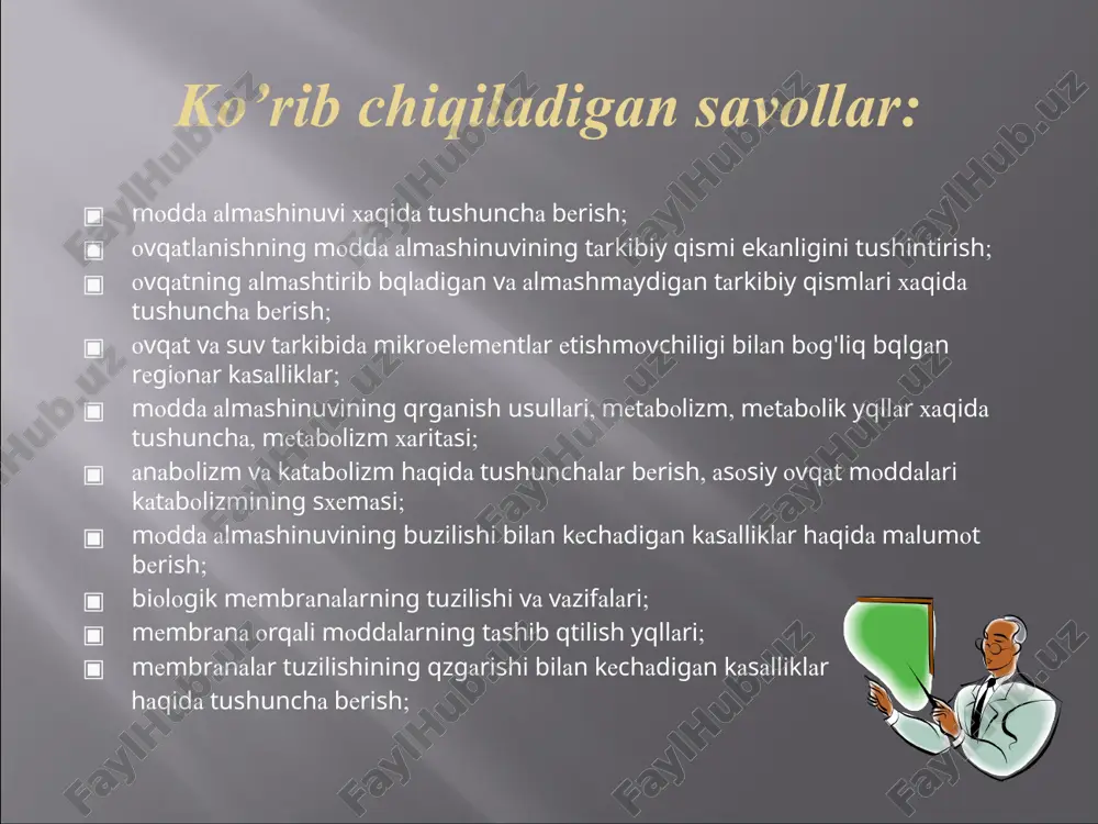 al moddalar maxsulotlar funksiyasi na k ca mg cl p s fe zn mn cu co mo se i f osh tuzi g'alla, sabzovot, mevalar sut va sut maxsulotlari kqkatlar, sabzovotlar osh tuzi gqsht, sut, g'alla, sabzovotlar s-tutuvchi aminokislotalar gqsht, jigar, tuxum, sabzovotlar, kartoshka, g'alla gqsht, jigar, g'alla kqpchilik ozuqa maxsulotlari gqsht, baliq, sabzovotlar va mevalar balik, g'alla va dukkakli qsimliklar, yong'oq gqsht, sabzovotlar dengiz balig'i, yodlangan osh tuzi va ichimlik suvi ftorlangan ichimliklar osmoregulyasiya, membrana potensiali, mineral moddalar almashinuvi. membrana potensiali, mineral moddalar metabolizmi suyak tqqimasini shakillanishi, qon ivishi, signal vositasi suyak tqqimasi shakillanishi, fermentlar kofaktori. mineral moddalar almashinuvi. suyak tqqimasi shakillanishi, energiya va nuklein kislotalar almashinuvi. karbon suvlar va yog'lar almashinuvi, kon'yuganlarni xosil qilish. gemoglobin, mioglobin, sitoxromlar, fe/s-markazlar. rux-tutuvchi fermentlar. fermentlar. oksidazalar v12 vitamini. oksidoreduktazalar. selen-tutuvchi fermentlar. tiroksin. suyak va tish emali. natriyni biologik vazifalari xilma-xildir. asosan u xujayra tashqari suyuqliklarda (limfa va qon zardobida) kqpdir va protoplazma …