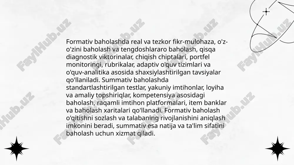 kompetensiya xaritalari. afzalliklar: tezkor feedback, adaptiv ta'lim va retentionni oshirish. muammolar: maxfiylik, ma'lumot sifat, integratsiya va pedagogik tayyorgarlik. ... t.me/slaydai_bot sun'iy intellekt va avtomatlashtirilgan baholash tizimlari o'quvchilarning bilim, ko'nikma va malakalarini avtomatik baholash, matn va nutqni nlp orqali baholash, rasmlar hamda kodni tahlil qilish, adaptiv testlash orqali darajani aniqlash imkonini beradi. ular real vaqtda individual fikr-mulohaza, diagnostik va formativ tahlillar, o'qituvchiga yo'naltirilgan analytics, adolat va tarafkashlikni kamaytirish strategiyalari, xavfsizlik va maxfiylik choralarini talab qiladi. model ishonchliligi uchun inson nazorati, validatsiya va irt yoki ml modellaridan foydalanish zarur. ... t.me/slaydai_bot o‘quvchilararo baholash va o‘z-o‘zini baholash metodikasi o‘quvchilarning refleksiyasi, tanqidiy fikrlashi va mustaqil baholash ko‘nikmalarini rivojlantirishga qaratilgan. asosiy elementlar: aniq kriteriyalar va rubrikalar (3–5 daraja), tayyorlov mashqlari va kalibrlash, anonim yoki ochiq feedback, o‘qituvchining moderatsiyasi, baholash natijalarini tahlil qilish. afzalliklari: ishtirokchilikni oshirish, metakognitiv o‘sish, baholash ishonchliligini oshirish. vositalar: chek-list, baho rubrikalari, reflektiv jurnallar, raqamli platformalar. amaliyotda haftada 1–2 marta qo‘llanadi. ... t.me/slaydai_bot …