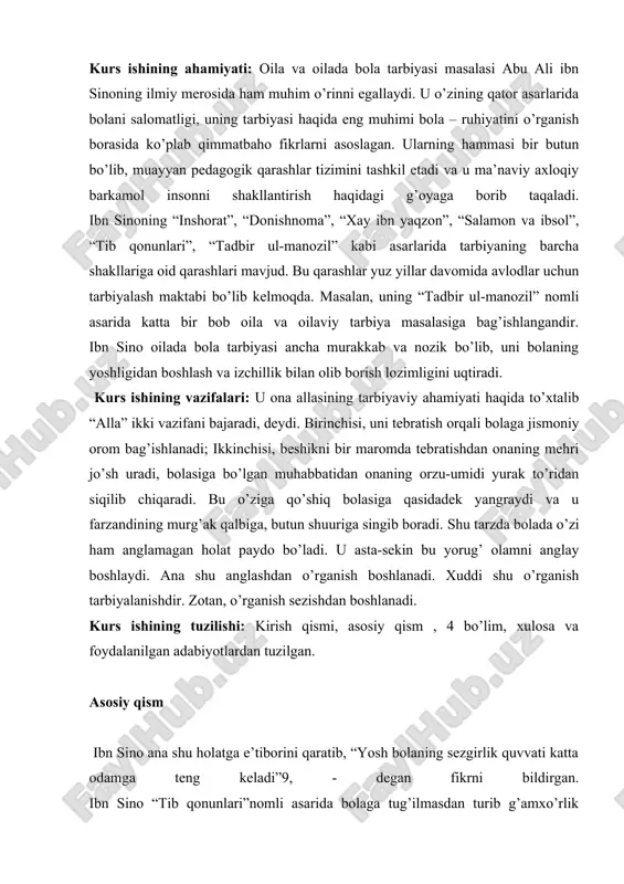 i lozim. ibn sino bola tarbiyasida otaning burchi haqida to’xtalib o’tadi. eng avvalo, ota farzandi tug’ilgach unga yaxshi ism qo’yishi va tarbiyalashga kirishmog’i lozim. ayniqsa, bola tarbiyasida ota-onaning yaxshi fazilati, ular o’rtasidagi o’zaro munosabatlar esa yuksak axloqiylik asosida bo’lishini ta’kidlaydi. “tadbir ul-manozil” asarida yer va xotinning yaxshi sifatlari sanab o’tiladi. ularning shaxsiy namunalari bola uchun o’rnak bo’lib, uning kelajak taqdirini belgilashda muhim ahamiyatga ega ekanligini alohida uqtiriladi. ibn sinoning yaxshilik va yomonlik tushunchalariga bo’lgan munosabati farobiy va beruniylar fikriga hamohang bo’lib, u ham irsiyat, muhit va tarbiyaning ta’siri bola tarbiyasi uchun birdek muhim deb hisoblaydi. u yaxshi va yomon xulqning hammasi sharoit, tarbiya, muhit odatlani natijasida vujudga kelishini qayd qilib o’tadi.ibn sino oilada bolani ma’naviy-axloqiy tarbiyalashda mehnasevarlikning roliga alohida urg’u berib, ota-onalarni farzandlarga nisbatan kasb-hunar o’rgatishga chaqiradi. mehnatni ulug’laydi. mehnasiz hayot kechirishning bolaga bo’lgan salbiy ta’sirini ko’rsatib beradi. ayiqsa, ibn sino aqliy, axloqiy, yestetik va jismoniy tarbiyaning birligi va ularni …