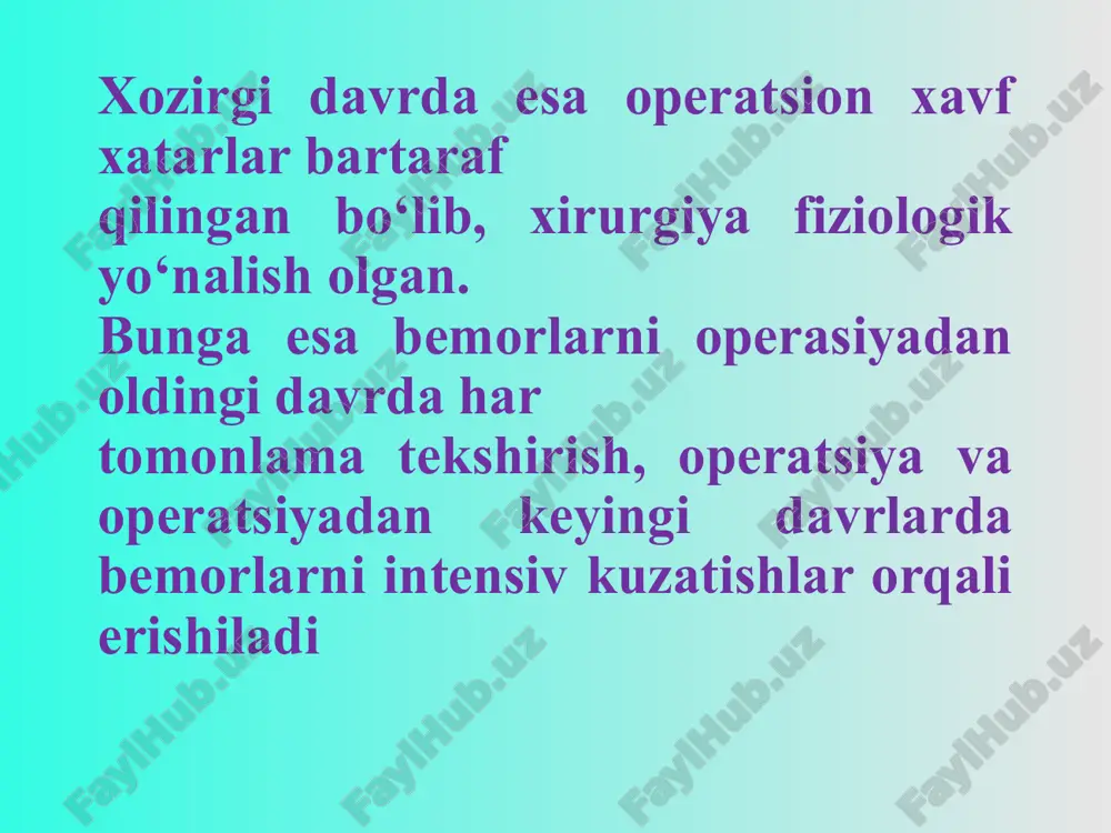 bir nechta bosqichga bo‘linadi: 1. bemorni operatsiya stoliga yotqizish. 2. operatsiya maydonini tayyorlash. 3. og‘riqsizlantirish. 4. operativ yo‘lni tanlash. 5. operatsiyani amalga oshirish. 6. operatsiyani tugatish. bemorlarning operatsiya stolidagi holati 1. chalqancha holati. 2. trendelenburg holati. 3. yonbosh holatlari. 4. ginekologik holat. 5. qoringa yotgan holat. 6. bemorning yarim o‘tirgan holati: orqa kalla bo‘shlig‘idagi operatsiyalarda bemorning chalqancha holatida o‘rta-o‘rta laparotomiya qilish bemorning operatsiya stoliga yonboshi bilan yotqizish operatsiya amalga oshiriladigan soxa operatsiya maydoni deyiladi. teriga ishlov berilganidan keyin operatsiya maydoni choyshablar bilan yopiladi va faqat kesma qilinadigan joygina ochiq qoldiriladi. operatsiya soxasini bekitish uchun katta kichik choyshablar, sochiqlar va salfetkalar ishlatiladi hajmi unchalik katta bo‘lmagan, ambula-tor operatsiyalarda mahalliy anesteziya yor-damida muayyan soxadagi nerv oxirlarida og‘riq sezgisi yo‘qotiladi narkoz ostida qilinadigan operasiyalarda operatsiya maydoni narkoz berilganidan ke-yin tayyorlanadi, chunki bemor narkozning qo‘zg‘alish davrida operatsiya maydonining sterilligini buzib qo‘yishi mumkin operativ yo‘lning ahamiyati muhim bo‘lib, u patologik o‘choqqa yetib borish uchun qulay …