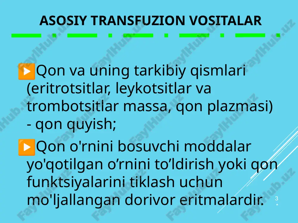 bo'lgan barcha holatlarda, qon guruhini boshqa seriyali standart zardob yordamida, shuningdek, kesishma usuli bilan qayta aniqlash kerak !!! ‹#› * ‹#› rh omil antigen tizimi ‹#› klinikada rh faktorini aniqlash usullari ekspress usulida standart universal reagent bilan probirkada isitishsiz (33% poliglyukin eritmasi bilan suyultiriladi); ekspress usul orqali isitishsiz yassi yuzada (albumin bilan suyultiriladi); ‹#› * ‹#› qon va uning komponentlarini quyish ‹#› * ‹#› quyilgan qon retsipient organizmiga quyidagicha ta'sir ko’rsatadi: o'rnini bosuvchi (qonning organizm tomonidan yo'qolgan qismini to’ldirish); gemodinamik (yuqtt ga keng qamrovli ta'sir); immunologik (granulotsitlar, limfotsitlar, sitokinlar va boshqalar tufayli); gemostatik (retsipientning gemostaz tizimiga qo’zg’atuvchi ta'sir); rag'batlantiruvchi (gipotalamus-gipofiz-adrenal tizimni rag'batlantirish, bazal metabolizmni kuchaytirish, fagotsitar faollikni oshirish va boshqalar) ‹#› * ‹#› qon quyish uchun mutlaq ko'rsatmalar o'tkir qon yo'qotish (uqh ning 15% dan ko'prog'i); travmatik shok; to'qimalarning katta shikastlanishi va qon ketishi bilan kechadigan og'ir operatsiyalar; ‹#› * ‹#› qon quyish uchun nisbiy ko'rsatmalar anemiya; og'ir intoksikatsiya bilan …