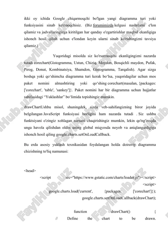 odlashdan foydalanishi kerak. javascript-da siz jsonobjectushbu kod bilan kodlashni amalga oshirishingiz mumkin : encodeuricomponent(json.stringify(jsonobject)). sizning qo'ng'iroqingiz uchun birinchi argument google.charts.load- bu versiya nomi yoki raqami. hozirda faqat ikkita maxsus nashr nomlari va bir nechta muzlatilgan versiyalari mavjud. hozirgi bu har safar yangi versiyani chiqarganimizda o'zgarib turadigan so'nggi rasmiy versiya uchun. ushbu versiya juda yaxshi sinovdan o'tgan va xatosiz, lekin uning ishlashiga ishonchingiz komil bo'lsa, uning o'rniga ma'lum bir muzlatilgan versiyani ko'rsatishni xohlashingiz mumkin. yaqinlashib kelayotgan bu hali sinovdan o'tayotgan va rasmiy joriy nashrga aylanishidan oldin keyingi versiya uchun. iltimos, ushbu versiya rasmiy nashrga aylanishidan oldin iloji boricha tezroq hal qilinishi kerak bo'lgan muammolar mavjudligini bilish uchun ushbu versiyani muntazam ravishda sinab ko'ring. google chartsning yangi versiyalarini chiqarganimizda, ularning ba'zilari butunlay yangi diagramma turlari kabi katta o'zgarishlarni amalga oshiradi. boshqa o'zgarishlar kichikdir, masalan, mavjud diagrammalarning ko'rinishi yoki xatti-harakatlaridagi yaxshilanishlar. ko'pgina google diagramma yaratuvchilari o'z diagrammalarining ko'rinishini ular xohlagan narsaga erishguncha moslashtiradilar. …