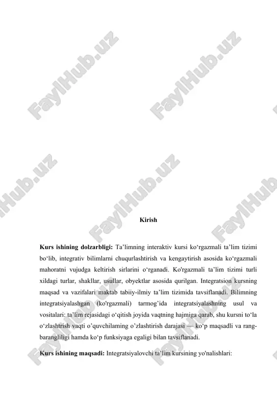 vi d o v. obobshayushie obuchenie. m., «prosveshenie», 2000 ] • materiallarni anglab yetish va didaktik adaptatsiyani shakllantirish uchun origanuvchi materialni bilimning har xil tarmoqlaridan olish; • o‘quvchilarda tizimlashgan fikrlash qobiliyatini shakllantirish uchun origanuvchi materialni bilimning har xil tarmoqlaridan olish uchun dunyoning zamonaviy ilmiy kontekstidan foydalanish; • tabiatning obyektlari va ko‘rinishlarini, jarayonlarini, qonunlarini, jamiyatning rivojlanish qonunlarini iqtisodiyot gumanitik va demokratik bilimlarini shakllantirish; • bilim, ko‘nikma, malaka tizimini ishlab chiqish; • maktab tadim kurslaridagi integratsiyani ma’nosi, keng miqdordagi fikrlar va dalillar majmuasi, bir-biriga yaqin fanlarning birlashuvi; • maktab o‘quvchilarida har xil turdagi fikrlash qobiliyatini shakllantirish, buning uchun ruhiy mashqlardan foydalanish, mavzuni tez o‘zlashtirishiga yordam beradi, uni eslab qolish va emotsional anglash qobiliyatini shakllantiradi. kurs ishining tuzilishi: kirish qismi, 2 bob ,4 bo’lim , xulosa va foydalanilgan adabiyotlardan tuzilgan. 1.bob.1.1.fanni o’qitishdagi integratsiya asosidagi ta’lim falsafasi so‘nggi o'n yilliklar ichida ta’lim falsafasi shunday ilmiy yo‘ nalishga aylandiki, u insonning ta’lim olish jarayonida yaxlit …