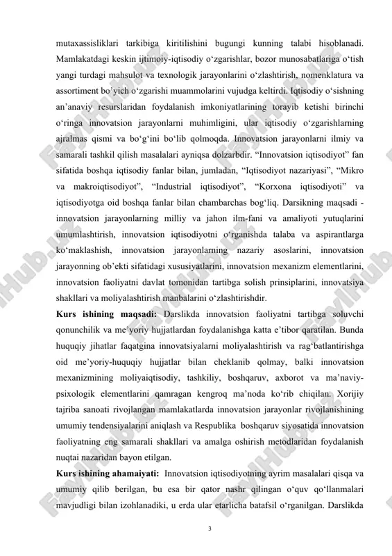 ta’lim iqtisodiyot yo’nailishi davlat ta’lim standartlari 5230100 “iqtisodiyot” (tarmoqlar va sohalar bo‘yicha) ta’lim yo‘nalishiga malaka talablariga muvofiq ravishda tayyorlangan. muallif kitob mazmuni bo‘yicha qilingan fikr-mulohazalar uchun o‘quvchilardan minnatdor bo‘ladi. kurs ishining vazifalari: 1.iste’molchi hali tanish bo‘lmagan yangi mahsulotni yoki mavjud mahsulotlar uchun yangi sifat darajasini joriy etish. 2.ilmiy kashfiyotlarga asoslangan mahsulot yoki xom ashyoni tijoratlashtirishning yangi usulini anglatadigan yangi ishlab chiqarish usullarini joriy etish. 3.ushbu bozor ilgari mavjud bo‘lganligidan qat’iy nazar, ma’lum bir mamlakatning ma’lum bir sohasi tomonidan hali kirib kelmagan yangi bozorning ochilishi. 4.ushbu manbaning mavjudligidan yoki u yangi yaratilganligidan qat’iy nazar, yana yangi xom ashyo yoki yarim tayyor mahsulotni qo‘lga oling. 5.muayyan sanoatni tashkil qilishdagi o‘zgarishlarni amalga oshirish, xususan, monopol mavqega ega bo‘lish (masalan, trestlarni yaratish orqali) yoki uni yo‘qotish. kurs ishining tuzilishi: kirish qismi ,2 bob, 4 bo’lim , xulosa va foydalanilgan adabiyotlardan tuzilgan 1.bob. innovatsion tipdagi kengaytirilgan takror ishlab chiqarishining asosiy tushunchalari. innovatsiya nazariyalar 1.1.innovatsiyalarning mohiyati …