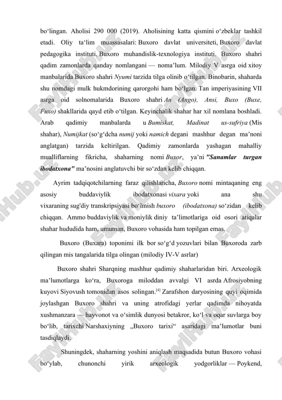 zilgoh joylashgan (bu xil manzilgohlar miloddan avvalgi 1-ming yillik boshidan oʻrta osiyoning dehqonchilik qilinadigan viloyatlariga xosdir). mazkur manzilgohlardan biri firobdiz, ikkinchisi navmichkat, uchinchisi buxoro deb atalgan. keyinchalik bu uch manzilgoh oʻzaro birlashib va toʻxtovsiz taraqqiy etib borib, kattagina shaharga — buxoro vohasining savdohunarmandchilik va maʼmuriy markaziga aylangan. [2: nazarov i.k., allayorov i.sh. buxoro geografiyasi. buxoro, 1994. 12 b. ] i bob. buxoroda shahar madaniyatining shakllanishi va tabiiy-siyosiy tarixiy geografiyasi 1.1. buxoroda shahrining shakllanishi tarixi bu shaharning har bir go'shasida – boy tarixga ega minoralari, osori- atiqalari, muqaddas qadamjolari va obidalarida olis o'tmishning aks-sadosi, qoldirgan izi bor. buxoro jahonning eng qadimiy va tarixiy-me'moriy obidalarga boy go'zal shaharlaridan biri bo'lib, u azaldan islom olamida yuksak nufuzga ega bo'lgan. buxoro nomi dastlab ix asrda tarixchi narshaxiy tomonidan zikr etilgan. ko'plab tarixchilar, tilshunoslar fikricha, buxoro so'zi qadimgi hind – sanskrit tilidagi “vixara” so'zidan kelib chiqqan bo'lib, “qal'a” ma'nosini anglatadi. qadimda shahar numijkat va faxira, …