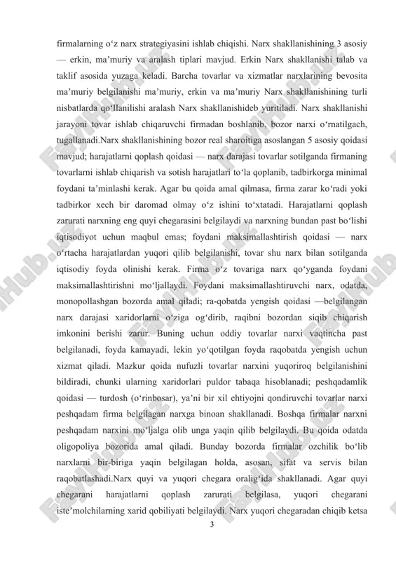 arini xisobga olgan xolda shakllangan va faqat shu mamlakat ichidagi ijtimoiy chiqimlarni, milliy bozordagi talab va taklifni, tovar nafliligini, uning qanchalik qadrlanishini o’z ichiga olgan xolda shakllanadi. jahon narxi — bu muayayan tovarga ketgan baynalminal xarajatlarni, tovarning jahon andozasi talabiga mos kelish darajasini hamda xalqaro bozordagi talab va taklifni hisobga olgan xolda shakllanadi. narx diapazoni — bu narxlar oralig’ini puldagi ko’rinishi bo’lib uning quyi, o’rta va baland chegaralari bor bo’ladi. narx diapazoni qanchalik katta bo’lsa, tovar muomalasi shunchalik tez yuz beradi, chunki talab bilan narx o’zaro bog’lanadi. narx pariteti — bu tushuncha iqtisodiyot nazariyasida narxlar nisbati deb ham yuritiladi. iqtisodiy jarayonlar xilma-xil bo’lsada, ular bir birlari bilan chambarchas bog’liq xolda sodir bo’ladi va rivojlanadi. kurs ishining vazifalari: 1)muvozanatlikni ta’minlash vazifasi. bu orqali narx bozorda talab bilan taklifning hajmi va tarkibida ta’sir ko’rsatish bilan ularni muvozanat holatiga olib keladi. 2)qiymat va naflilikni o‘lchash vazifasi. narx qiymat va naflilikning puldagi holati deb …