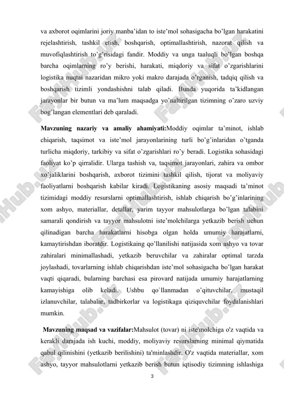 h, jarayon oqimlarining integratsiyasi. logistik yondashuv yangi o'rganish ob'ekti (oqim) kiritilishini talab qilganligi sababli biz uning ta'rifini beramiz. oqim - bu yaxlit bir butun sifatida qabul qilinadigan ko'plab elementlarning harakatlanuvchi ob'ektlar tizimi. kurs ishining predmeti oqim quyidagi parametrlar bilan tavsiflanadi: boshlanish va tugatish nuqtalari, tezlik, vaqt, traektoriya, yo'l uzunligi, intensivlik. oqim tezligi - vaqt birligiga punktlardan o'tgan oqim ob'ektlari soni. logistika turli xil oqimlarni hal qilishi mumkin - moddiy, transport, moliyaviy, energiya, axborot, inson. ko'pincha logistika sohasi material oqimlari bilan shug'ullanadi. moddiy oqim - unga bir qator logistika (transport, omborxona) va texnologik (ishlov berish, yig'ish) operatsiyalarni amalga oshirish jarayonida ko'rib chiqiladigan tovarlar, qismlar, inventarizatsiya buyumlari to'plami kiradi. kurs ishi tuzilishi: kirish 2 bob , 4 bo’lim, xulosa va foydalanilgan adabiyotlardan tuzilgan. 1.bob.o’zbekistonda logistika infratuzilmalari va ularni tashkil etishning nazariyasi 1.1.o’zbekistonda logistika va transport infratuzilmalari to’g’risida tushuncha "logistika" fanining talabalarga funktsional bo'linmalarning va umuman butun korxonaning logistika tizimini ishlab chiqish, boshqarish …