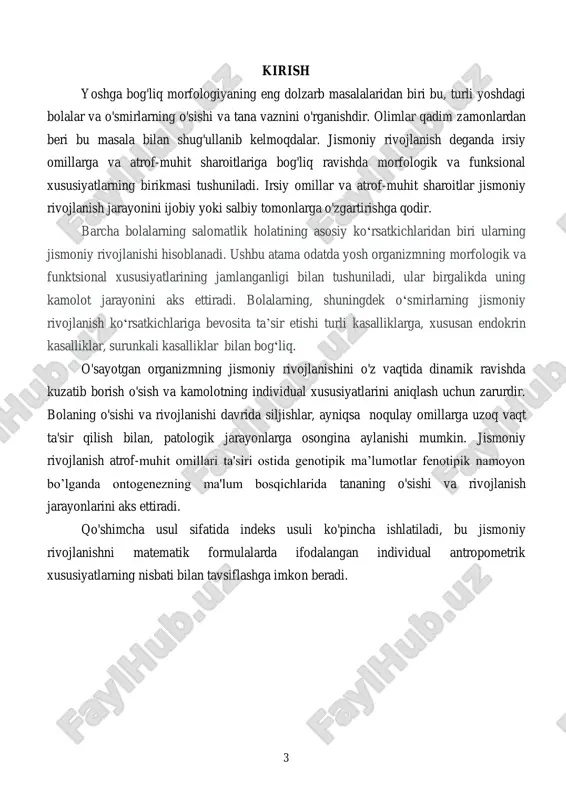 moniy rivojlanishni baholash me‘zonlarini; talaba qila olishi kerak: 1. bolaning bo‗yi, vaznini o‘lchash texnikasini; 2. bolaning bosh aylanishi, ko‗krak qafasi aylanasini o‗lchash texnikasini; 3. bolaning o‗sishini egri chiziqlar orqali baholashni; o‗qitish metodlari ―o‗rgimchak to‗ri‖ usuli, ―sahna‖ o‗yini, demonstratsiya, videoko‗rgazma, diskussiya, baxs, testlar va vaziyatli masalalarni yechish. o‗quv faoliyati shakllarini tashkillashtirish individual ish, guruxda ishlash, kollektivli, auditoriyada, auditoriyadan tashqari. o‗qitish vositalari tarqatma o‗quv materiallari, ko‗rgazmali materiallar, videofilmlar, mulyajlar, grafik organayzerlar, kasallik tarixlari, jadvallar, stendlar. muloqotni usul va vositalari blits-so‗rov, test olish, bajarilgan o‗quv mashqi natijalarini namoyish, kasallik tarixini to‗ldirish, amaliy ko‗nikmani bajarish «kasbiy so‗rov» monitoring va baxolash og‗zaki so‗rov: tezkor-so‗rov, 4 prezentatsiya, test jismoniy rivojlanish (jr) — irsiy omillar va atrof-muhit sharoitlari tufayli yetilish va rivojlanish jarayonlarini tavsiflovchi morfologik va funktsional xususiyatlar to‗plami. «bolaning jismoniy rivojlanishi» atamasi – bu turli yoshdagi bolalik davrlaridagi o‗sishning dinamik jarayoni hisoblanadi. klinik pediatriyada jr o‗sishning dinamik jarayoni (uzunlik, tana vaznining ko‗payishi, tananing alohida qismlarining rivojlanishi …