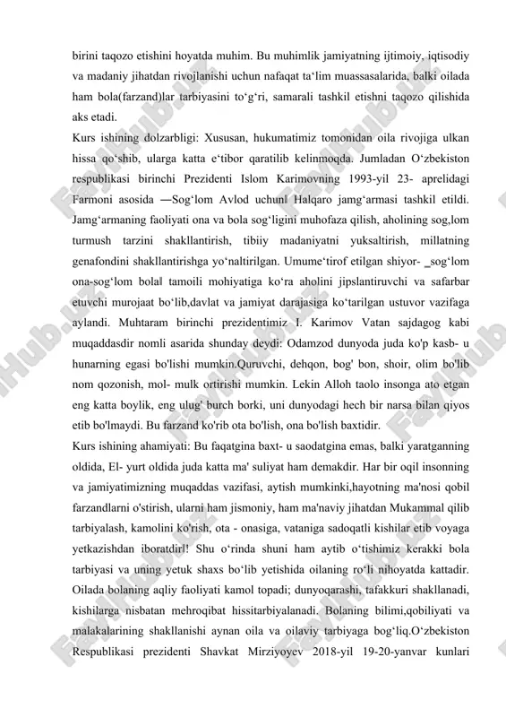 ing tuzilishi: kirish qismi , 2 bob , 4 bo’lim, xulosa va foydalanilgan adabiyotlardan tuzilgan. 1.bob. 1.1.g'arb mamlakatlarida oila munosabatlarini kelib chiqish tarixi oila - bu muhabbat va hurmatda yaratilgan insonlar va qonunlarga ega bo‘lgan kichik davlat. har bir mustahkam va birlashgan oilada o‘zlarining oilaviy qadriyatlari mavjud bo‘lib, bu jamiyatning tuzilishiga, butunligini saqlashga yordam beradi. oila va oilaviy qadriyatlar har bir inson hayotining asosi hisoblanadi. aynan oilada shaxsiy rivojlanish boshlanadi, chunki qadriyatlar yaxlit tabiatning uyg‘un rivojlanishi uchun zarur ko‘nikmalarni singdira boshlaydi. oila va qadriyatlar abadiy bir-biri bilan chambarchas bog‘langan va alohida mavjud emas. agar oila yo‘q bo‘lsa, unda oilaviy yo‘nalish bexosdan o‘z ahamiyatini yo‘qotadi. agar biz har bir oilaning oilaviy qadriyatlari haqida gapiradigan bo‘lsak, unda hamma uchun farq qiladi.ba'zilar ota-ona, qarindoshlik, turmush qurish, sog‘liq kabi qadriyatlarni ta'kidlashadi. oilada qadriyatlarning asl mezoni quyidagilarda namoyon bo‘ladi: 1. sevgi; 2. bolalar; 3. adolat; 4. sog‘lom turmush tarzi; 5. hurmat; 6. an'analar. bolalarning ahamiyati …