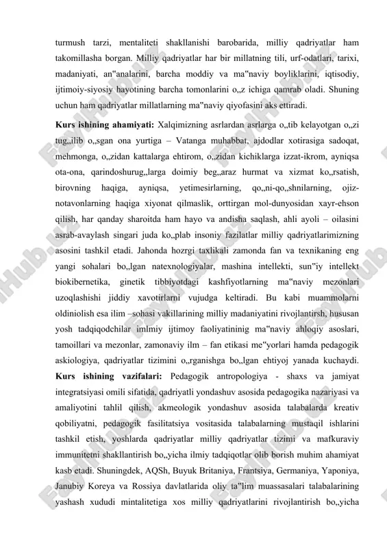 mexanizmlari hamda texnologiyalarini ishlab chiqish alohida ahamiyat kasb etadi. kurs ishining tuzilishi:kirish qismi , asosiy qism , 3 bo’lim, xulosa va foydalanilgan adabiyotlardan tuzilgan. asosiy qism buyuk olim beruniy o„rta asr sharoitida haqiqiy ilmiy tabiatshunoslikka asos soldi, uning turli sohalarshda o„z davri uchun taajjubga soluvchi shunday fikr va ilmiy farazxdarni olg„a surdiki, ular bir necha asrlardan so’ng ovro’po ilmida o’z isbotini topdi. beruniy o„rta asr sharoitida haqiqiy tajribaga, kuzatish, eksperimenta asoslanuvchi aniq ilmiy tafakkurni beruvchilardandir.. beruniy mamlakat ravnaqi fan ravnaqi bilan uzviy bog„liq deb bildi. «har bir olim o„z muhokamasida amalshyotga asoslaninsh, o„z tadqiqotida aniq bo„lishi, to„xtovsiz mehnat qilishi, xatolarini qidirib tuzatishi, ilmda haqiqat uchun har xil uydurma, yuzakichilikka qarshi kurash olib borishi zarur», degan. beruniy mamlakatimiz ravnaqi uchun yoshlarga yo„lchi yulduz kabi mayoq bo„lib yo„llarini yoritgan buyuk olimidir. mamlakatimizda yoshlarimizning intelektual madaniyatini hamda milliy qadriyatlarini rivojlantirish va tarixiy-madaniy merosni keng targ„ib etish, talabalarida milliy g„urur va iftixor tuyg„usini, ajdodlar …