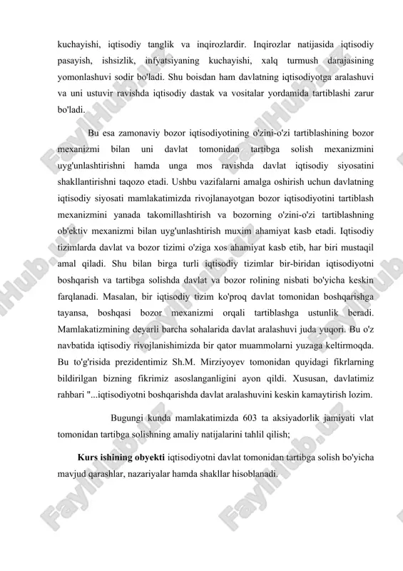 i va vazifalari iqtisodiyotni davlat tomonidan tartibga solishning hozirgi zamon usullari - bevosita, bilvosita va tashqi iqtisodiy usullar hamda davlatning maxsus iqtisodiy dasturlari orqali amalga oshiriladi. milliy iqtisodiyotning samaradorligiga ko'plab omillar ta'sir ko'rsatadi. ayniqsa, uning darajasi ko'p jihatdan iqtisodiyotdagi davlat yoki bozor tizimining tutgan roliga bog'liq. chunki milliy iqtisodiyotning yuqori samaradorligiga asosan quyidagi yo'llar orqali erishiladi 1) iqtisodiyotni tartibga solishning bozor usullarini qo'llash; 2) iqtisodiyotni faqat davlat tomonidan markazlashgan holda boshqarish; 3) takror ishlab chiqarish jarayoniga davlatning aralashuvi va bozor usullarini uyg'unlashtirish. hozirgi davrda o'zbekistonning milliy iqtisodiyoti rivoji uchun ko'proq uchinchi yo'l xususiyatli hisoblanadi. davlatning iqtisodiyotdagi roli masalasi ilmiy asosda birinchi marta a.smit tomonidan ko'rib chiqilgan2 . uning «xalqlar boyligining tabiati va sabablarini tadqiq qilish haqida» (1776 yil) degan kitobida bozor usullari orqali iqtisodiyotning o'zini o'zi tartibga solishning zarurligi ta'kidlab o'tilgan. a.smitning fikricha, xususiy tovar ishlab chiqaruvchilar bozori davlat nazoratidan to'liq ozod bo'lishi zarur. ana shundagina iste'molchilar talabiga mos ravishda …