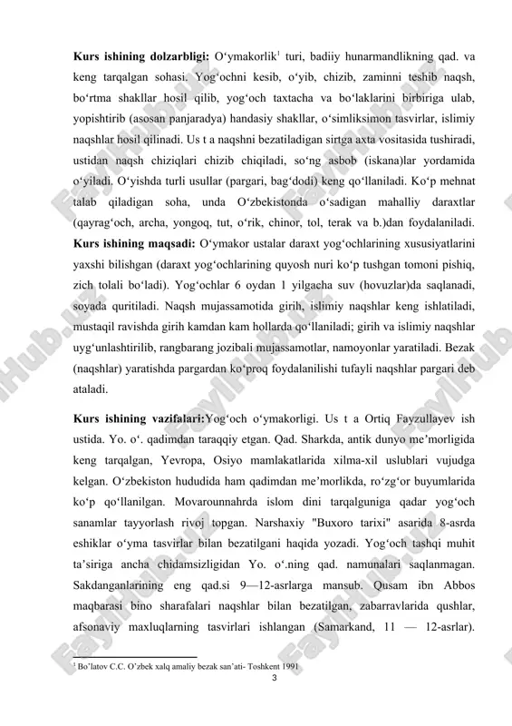 da tushiradi, ustidan naqsh chiziqlari chizib chiqiladi, so‘ng asbob (iskana)lar yordamida o‘yiladi. o‘yishda turli usullar (pargari, bag‘dodi) keng qo‘llaniladi. yog‘och o‘ymakorligi ko‘p mehnat talab qiladigan soha, unda o‘zbekistonda o‘sadigan mahalliy daraxtlar (qayrag‘och, archa, yongoq, tut, o‘rik, chinor, tol,terak va boshqalar)dan foydalaniladi. o‘ymakor ustalar daraxt yog‘ochlarining xususiyatlarini yaxshi bilishgan (daraxt yog‘ochlarining quyosh nuri ko‘p tushgan tomoni pishiq, zich tolali bo‘ladi). yog‘ochlar 6 oydan 1 yilgacha suv (hovuzlar)da saqlanadi, soyada quritiladi.naqsh mujassamotida girih, islimiy naqshlar keng ishlatiladi, mustaqil ravishda girih kamdan kam hollarda qo‘llaniladi; girih va islimiy naqshlar uyg‘unlashtirilib, rangbarang jozibali mujassamotlar, namoyonlar yaratiladi. bezak (naqshlar) yaratishda pargardan ko‘proq foydalanilishi tufayli naqshlar pargari deb ataladi. yog‘och o‘ymakorligi qadimdan taraqqiy etgan. qadimgi sharkda, antik dunyo me’morligida keng tarqalgan, yevropa, osiyo mamlakatlarida xilma-xil uslublari vujudga kelgan. o‘zbekiston hududida ham qadimdan me’morlikda, ro‘zg‘or buyumlarida ko‘p qo‘llanilgan. movarounnahrda islom dini tarqalguniga qadar yog‘och sanamlar tayyorlash rivoj topgan.narshaxiy «buxoro tarixi» asarida 8 asrda eshiklar o‘yma tasvirlar bilan …