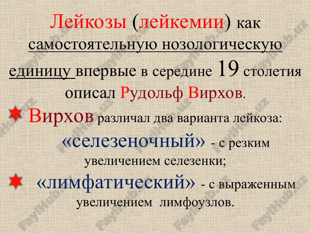 liey traditsionno otnosyat k gruppe blagopriyatnogo prognoza s veroyatnostyu vizdorovleniya do 80 %.  translokatsiya t (8;14) - bolee 90% sluchaev limfomi berkitta i v chasti sluchaev ostrix pre-v-limfoblastnix leykozov – onkogen mys na 8-y xromosome slivaetsya s genom tyajeloy tsepi immunoglobulinov na 14-y xromosome izbitochnayaproduktsiya onkogena mys vozrastanie sinteza reguliruyushego rost mys - belka  translokatsiya t (15;17) pri oml (m3): v translokatsii uchastvuet gen retseptora alfa-retinoevoy kisloti, raspolojenniy na xromosome 17. tsitogeneticheskie anormalnosti (anormalnosti kariotipa) prisutstvuyut u polovini bolnix. defekti vidni tolko v malignizirovannix kletkax i ischezayut v remissiyu. bolnie, u kotorix vse poluchennie iz km metafazi aneuploidni (anormalnoe chislo xromosom) ili psevdodiploidni (s utratoy odnoy ili bolshego chisla xromosom), imeyut xudshiy prognoz. klassifikatsii leykozov i. po techeniyu  ostrie  xronicheskie * ii. po kolichestvu kletok leykemicheskie ( 100 g/l) subleykemicheskie ( n 80 g/l) aleykemicheskie (≤ n) iii. po naibolee predstavlennoy kletke mieloleykozi (oml, xml) limfoleykozi …