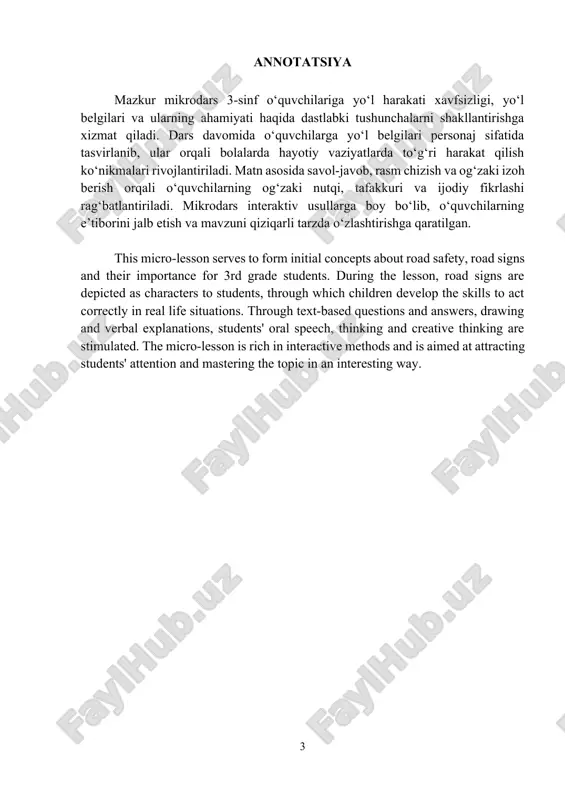 ar tashlanadi. ular — yo‘l belgilari. bu belgilar — jim, ammo dono do‘stlarimizdir. ular ogohlantiradi, ko‘rsatadi va tartibni saqlaydi. svetaforlar bo‘lmaganida, ko‘chalarda tartibsizlik, hatto baxtsiz hodisalar bo‘lardi. shu sababli, har bir bola bu belgilarni taniy olishi va ularning nima anglatishini tushunishi juda muhim. svetofor ham yo‘l belgilarining do‘stidir. u ham ranglar orqali bizga nima qilish kerakligini aytadi: 🟥 qizil — to‘xtash. 🟡 sariq — tayyor tur. 🟢 yashil — yurish mumkin. misol uchun: 🔴 qizil doira — bu odatda to‘xtash yoki taqiqlash degani. 🔺 uchburchak belgilar — ogohlantirish belgilaridir, masalan, “bolalar yo‘li” yoki “qiyalik”. 🔵 ko‘k rangli belgilar — yo‘lni ko‘rsatadi, masalan: “oldinga yurish”, “velosiped yo‘li”. biz yo‘l belgilari va svetoforga amal qilsak, o‘zimizni va boshqalarni himoya qilgan bo‘lamiz. belgilarni ko‘rganimizda ularning gapini eshitishga harakat qilaylik. ular tilga kirmasa ham, yuragimizga gapiradi. belgilarning rasmlarini ko'rsatish va nomini so'rash yaqin bo'lsa maktab, bog‘cha yo bolalar maskani. tezligingni, jon haydovchi, kamaytir biroz …