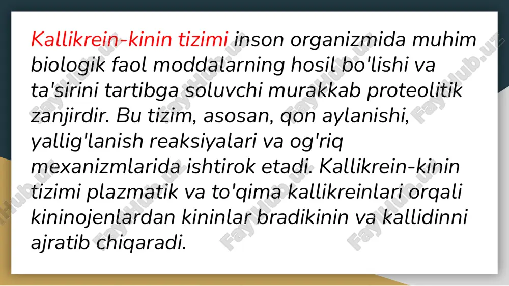 n aylanishi kallikrein-kinin tizimi qon bosimini nazorat qilishda muhim rol o'ynaydi, qon tomirlar kengayishi va torayishi orqali qon aylanishini tartibga soladi. 2 yallig'lanish va og'riq bu tizim yallig'lanish jarayonida kininlar ishlab chiqarib, og'riq va shishishni kuchaytiradi, shuningdek, organizmning tabiiy himoyasiga yordam beradi. xulosa kallikrein-kinin tizimining asosiy vazifasi kallikrein-kinin tizimi qon bosimini nazorat qilishda muhim rol o'ynaydi, qon tomirlarini kengaytirib, yurak va qon aylanishining muvozanatini ta'minlaydi. klinik muammo va davolash imkoniyatlari bu tizim disbalanslari gipertenziya, yallig'lanish va og'riqlarni kuchaytiradi, farmakologik modullash orqali kasalliklarni samarali davolash imkoniyatlari ochiladi. 1. sobolev, v. a. kallikrein-kinin tizimi va uning patofiziologik roli. tibbiyot va biologiya jurnali, 2020. 2. aliyev, s. kallikrein-kinin tizimining klinik ahamiyati va davolash usullari. o'zbekiston meditsina akademiyasi, 2019. 3. mamedov, r. b. kallikrein-kinin tizimi va uning qon bosimi nazoratidagi roli. biokimyo jurnali, 2021. 4. islomov, t. kallikrein-kinin tizimi va inflamatsiyaga ta'siri. o'zbekiston tibbiyot tashkiloti, 2018. 5. yusufov, a. kallikrein-kinin tizimi bilan bog’liq kasalliklar …