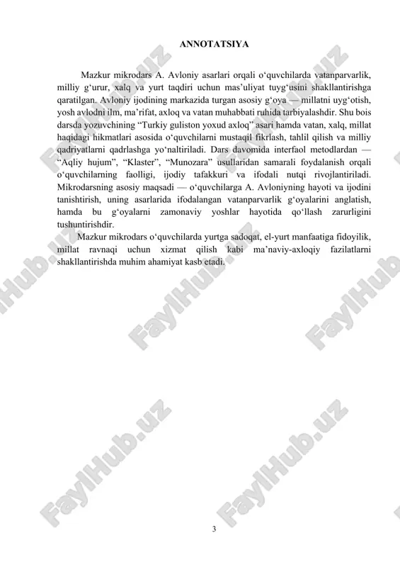 ulom zafariy, shokirjon rahimiylar xalqqa taniqli edilar. unga 1916 yili kelib qo`shilgan mannon uyg`ur va shamsiddin sharafiddinovlar (xurshid) o`zbek teatr madaniyatining asoschilaridan bo`lib qoldilar. truppa 1915 yili “zaharli hayot”, “baxtsiz kuyov” kabi dramalarni sahnalashtirdi. avloniy o`z truppasi yanada takomillashuvi uchun peshqadam ozarbayjon va tatar dramaturgiyasiga murojaat etdi. 1914-16 yillar davomida aliasqar asqarov (ozarbayjon), zaki boyazidskiy (tatar) bosh rejissyor bo`lib ishladi. avloniy o`zi ham truppa uchun sahna asarlari yozadi. shu tariqa uning “pinak” (1915), “advokatlik osonmi?” (1916) komediyalari maydonga keldi. mavzu: a.avloniy asarlari asosida o'quvchilarda vatanparvarlik tuyg'usini shaklantirish o‘quv maqsadi: ta’limiy maqsad: o‘quvchilarga abdulla avloniy hayoti, ijodiy faoliyati va ma’rifatparvarlik g‘oyalarini tushuntirish; turkiy guliston yoxud axloq” asaridagi vatanparvarlik, axloq va millatparvarlik ruhidagi fikrlarni tahlil qilish; avloniyning asarlari orqali o‘quvchilarda milliy g‘oya va ma’naviy qadriyatlarga hurmatni shakllantirish. tarbiyaviy maqsad: o‘quvchilarda vatanparvarlik, xalq va yurtga sadoqat, milliy g‘urur tuyg‘ularini tarbiyalash; a. avloniyning ma’naviy merosi asosida yoshlarni el-yurt manfaati yo‘lida mehnatsevar, mas’uliyatli va fidoyi …