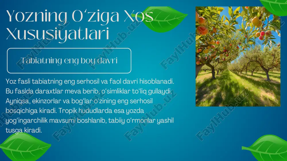 mevalar organizmdagi suv balansini saqlaydi. immunitetni mustahkamlash: qulupnay, gilos va boshqa rezavorlar immun tizimini kuchaytiradi. tetiklik va energiya manbai: yengil va shirin mevalar organizmni tetiklashtiradi va energiya beradi. qiziqarli faktlar yoz fasli astronomik jihatdan 21 yoki 22-iyun kuni (shimoliy yarim shar uchun) yozgi quyosh tutilishi bilan boshlanadi. bu kunda yilning eng uzun kuni va eng qisqa tuni kuzatiladi. dunyodagi eng issiq harorat yoz faslida, 1913-yil kaliforniyaning o‘lim vodiysida qayd etilgan – 56,7°c. muzqaymoq iste’moli aynan yoz faslida eng yuqori ko‘rsatkichga ega. faoliyatlar bo‘yicha yoz festivallarida alohida "muzqaymoq kunlari" ham o‘tkaziladi. shimoliy qutb hududlarida yozda quyosh ufqdan botmaydi. ushbu hodisa "oq tunlar" deb ataladi va insonlar bu paytda kechalari ham kunduzdek yoritilgan tabiatdan bahramand bo‘lishadi. yozda quyosh nurlari yerni eng ko‘p isitadi. bu vaqt quyosh energiyasidan foydalanishning eng samarali davridir. eʼtiboringiz uchun tashakkur alba catro