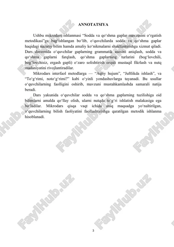 bilimlarni nutq amaliyotida qo‘llay olishni o‘rgatish. 2. tarbiyaviy maqsad: · o‘quvchilarda ona tiliga muhabbat va nutq madaniyatiga hurmat tuyg‘usini shakllantirish. · tahlil qilish, mantiqan fikrlash va to‘g‘ri so‘zlash madaniyatini tarbiyalash. · jamoada ishlash, o‘z fikrini madaniyatli ifoda etish ko‘nikmasini rivojlantirish. 3. rivojlantiruvchi maqsad: · o‘quvchilarning og‘zaki va yozma nutqini, mantiqiy tafakkurini va mustaqil fikrlash qobiliyatini rivojlantirish. · sodda va qo‘shma gaplardan ijodiy foydalanish orqali til sezgisini mustahkamlash. · grammatik bilimlarni hayotiy vaziyatlarda qo‘llash ko‘nikmasini hosil qilish. ii. asosiy shakli va turi. uslub: ma’ruza, aralash. shakl: guruhlarda ishlash, suhbat, tushuntirish,”savol-javob” metodi. vositalar: kompyuter, plakatlar, kartochkalar. usul: videoproyektor, slayd. iii. o`quv manbalari. darsliklar: 8-sinf ona tili darsligi mavzu yuzasidan qo`shimcha adabiyotlar. mustahkamlash maqsad: · o‘quvchilarning sodda va qo‘shma gaplar haqidagi bilimlarini mustahkamlash; · nazariy bilimni amaliy mashqlar orqali mustahkamlab, mustaqil fikrlashni rivojlantirish. 1-topshiriq: “aniqlang” o‘qituvchi quyidagi gaplarni doskaga yozadi. o‘quvchilar har bir gapning sodda yoki qo‘shma ekanini aniqlaydilar: 1. bugun havo juda …