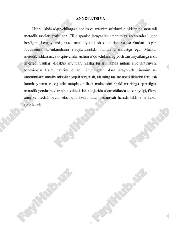 ‘quvchilarni turli misollar orqali sinonim va antonim juftliklarini ajrata olishga o‘rgatish. tarbiyaviy maqsad: o‘quvchilarda so‘z boyligiga hurmat, ona tiliga muhabbat, fikrni to‘g‘ri va chiroyli ifodalash madaniyatini tarbiyalash. ularni muloqotda odobli, fikrni aniq yetkazuvchi shaxs sifatida shakllantirish. rivojlantiruvchi maqsad: o‘quvchilarning fikrlash doirasini kengaytirish, tahlil qilish, solishtirish va umumlashtirish qobiliyatlarini rivojlantirish. ularni ijodiy fikrlashga, so‘zlarni mazmuniga ko‘ra to‘g‘ri tanlay olishga o‘rgatish. amaliy maqsad: o‘quvchilarning o‘rganilgan sinonim va antonim so‘zlardan og‘zaki va yozma nutqda to‘g‘ri foydalanish, ularni matnlarda aniqlash va o‘rinli qo‘llash malakasini shakllantirish. iv darsning tafsiloti va texnologik xarita. № darsning bosqichlari qisqacha tasnif qo’llani- ladigan usullar ajra- tilgan vaqt 1. tashkiliy qism 1.salomlashish. 2.davomatni aniqlash. 3.ma’naviyat daqiqasi muloqot suhbat 5 2. o’tilgan mavzu va uy vazifasi tahlili 1. uy vazifasini mavjudligini tekshirish so‘zlar bir-biriga o‘xshash ma’noda bo‘lishi mumkinmi?” “bir-biriga qarama-qarshi ma’noli so‘zlar haqida eshitganmisiz?” o‘quvchilar javoblarini bildiradi, o‘qituvchi ularni umumlashtiradi va “bugun biz sinonim va antonim so‘zlar bilan yaqindan tanishamiz” deb …