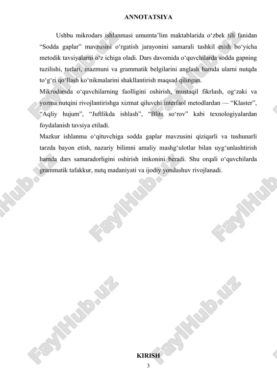 ‘g‘ri sodda gap tuzishga o‘rgatish. tarbiyaviy maqsad: · o‘quvchilarda ona tiliga muhabbat va hurmat tuyg‘usini shakllantirish; · toza, aniq va mantiqan to‘g‘ri so‘zlash madaniyatini tarbiyalash; · fikrni to‘g‘ri va odob doirasida ifodalashga o‘rgatish. rivojlantiruvchi maqsad: · o‘quvchilarning og‘zaki va yozma nutqini rivojlantirish; · mustaqil fikrlash, tahlil qilish va mantiqiy bog‘lanishlarni anglay olish ko‘nikmasini shakllantirish; · interfaol metodlar orqali o‘quvchilarda ijodiy faollik va til sezgisini kuchaytirish. kutilayotgan natijalar: dars yakunida o‘quvchi: · sodda gapning ta’rifi va tuzilishini biladi; · sodda gapning turlarini misollar yordamida tushuntira oladi; · berilgan so‘zlardan to‘g‘ri sodda gap tuzadi; · sodda va murakkab gapni farqlay oladi; · o‘z fikrini grammatik jihatdan to‘g‘ri ifodalay oladi. ii. asosiy shakli va turi: dars usuli: yangi bilim beruvchi dars (nazariy va amaliy mashg‘ulot uyg‘unligida) shakli: guruhlarda ishlash vositalari:kompyuter, multimediya darsni tushuntirishda asosiy vosita bo‘lib, misollarni doskada yechish va matematik formulalarni yozish uchun ishlatiladi. bu o‘quvchilarga masalalarni vizual tarzda ko‘rishga yordam beradi. …