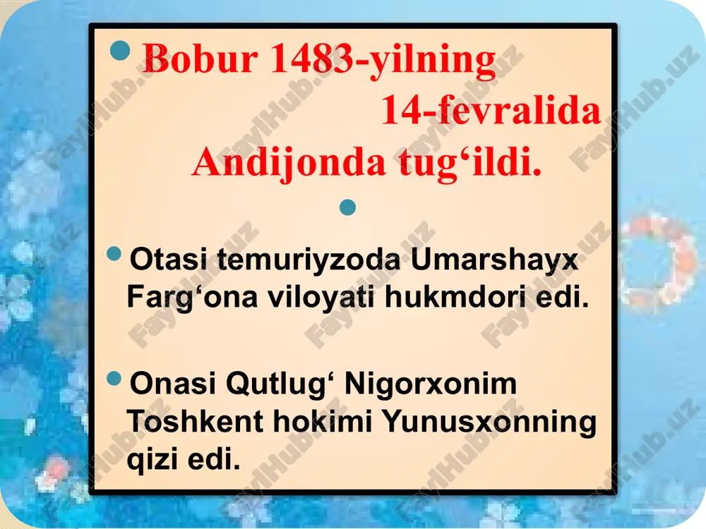 aevlar tomonidan «boburnoma»ning ikki jildli (1948) va bir jildli (1960) nashri chop etildi. istiqlol yillarida bobur haqida qomus yaratildi. memuar nima? "memuar" fransuzcha "esdalik" ma'nosini anglatadi. muallifning o'zi qatnashgan yoki ko'zi bilan ko'rgan real voqealar haqida hikoya qilingan asar memuar asar hisoblanadi. oybekning "bolalik", a. qahhorning "o'tmishdan ertaklar" asarlari memuarning namunalaridir. memuar asarlar bayon qilish shakli, zamoniy izchilligi jihatidan kunda-liklarga o'xshab ketsa, materialning tabiati, tasvirlanayotgan voqealarning haqqoniyligi, badiiy to'qimaning yo'qligiga ko'ra ilmiy asarlarga yaqin turadi. bilimingizni sinang! bobur necha yoshda 1-marta samarqandni egallaydi? bobur “xatti boburiy”ni kashf qilganda necha yoshda edi? boburning lirik merosi? bobur kimning qaysi asarini she’riy yo`l bilan tarjima qildi? “boburnomada” “baldan mahfuza” deb ta’riflangan shahar? boburnomada ikki meva samarqanddan ham mashhur deyilgan. bu qaysi meva edi? “boburnoma” da qaysi shaharning qirmizi baxmali haqida, uning atrof javonibga tarqatilishi (eksport qilinishi) haqida aytilgan? qanday asarlar memuar asar deyiladi? xx asr o`zbek adabiyotida qanday memuar asarlar bor? etiborigiz uchun …