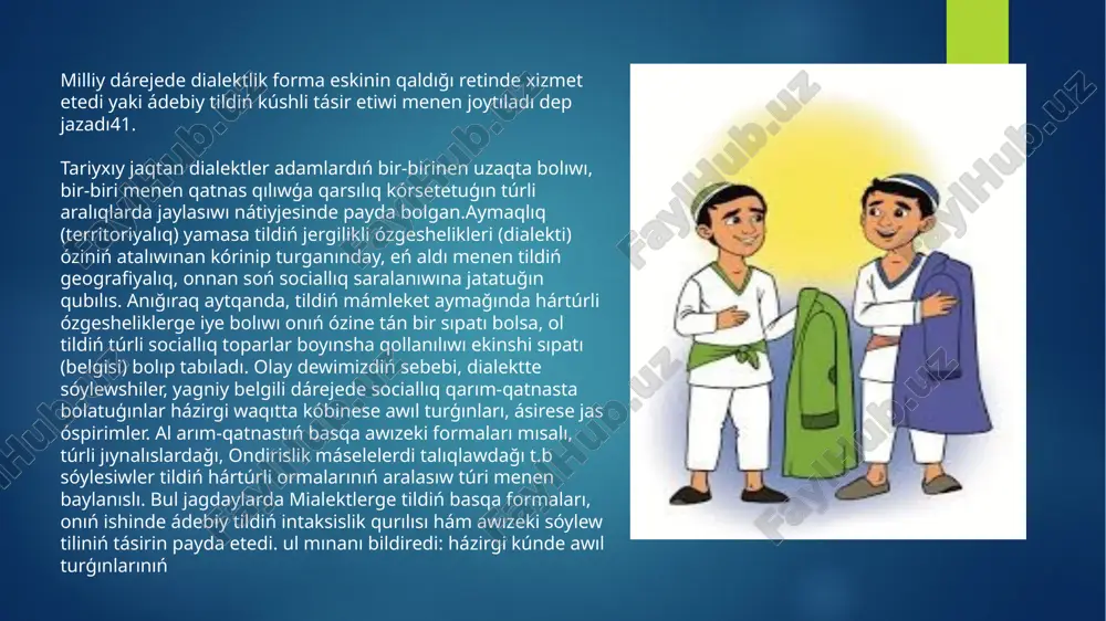 gi) 42. dialekt qollanıw shegarasınıń shańaraqlı hám shańaraq ishinde sheklengenligi. túrli dialektler, sóylesimlerdiń óz ara tásiri hám dialektler sisteması ortasındağı baylanıslardıń qayta qurılıwı nátiyjesinde yarım dialektlerdiń payda bolıwı. ádebiy ti tasiri astında ózine tán dialekt sóyleminiń teńlestiriliwi. búgingi kúnde til iyeleriniń oqımıslı bólegi arasında adamnır ózligin ańlawı, onıń belgili bir qanday da jámiyetke dialektlerge bolgan qızığıwshılıq bargan sayın kúsheymekte. máselen, rossiyanıń arqa táreplerinde kazak xalqına tiyisli dialektler bolıwı áhmiyetli esaplanadı hám bul adamlardıń ótmishi özine tán bolganlığın associaciyalaydı. yaki yaponiyada dialekt málim mánide aymaqlıq, geyde sociallıq toparlardıń birlesiw quralı sanaladı. sociolekt sociolekt termini lingvistikada xx ásirdiń ekinshi yarımında payda bolgan. ol socio-jámiyetke bolgan múnásibet hám dialekt sózlerinen payda bolıp, rus tilinde «socialnıy dialektologiya>>> terminin qısqargan variantı. sociolekt-ulıwma sociallıq ózgesheliklerine qaray birlesken ayırım toparlardıń tillik mútájlikleri ushın qollanılatuğın sóylew ameliyatında islep shığılğan til forması. standart tilden parqı sociolektte bazı orınlarda shetke shığıw mumkin. sociolekt verbal minez-qulıq hám sociallıq awhaldıń baylanısın ańlatadı. …