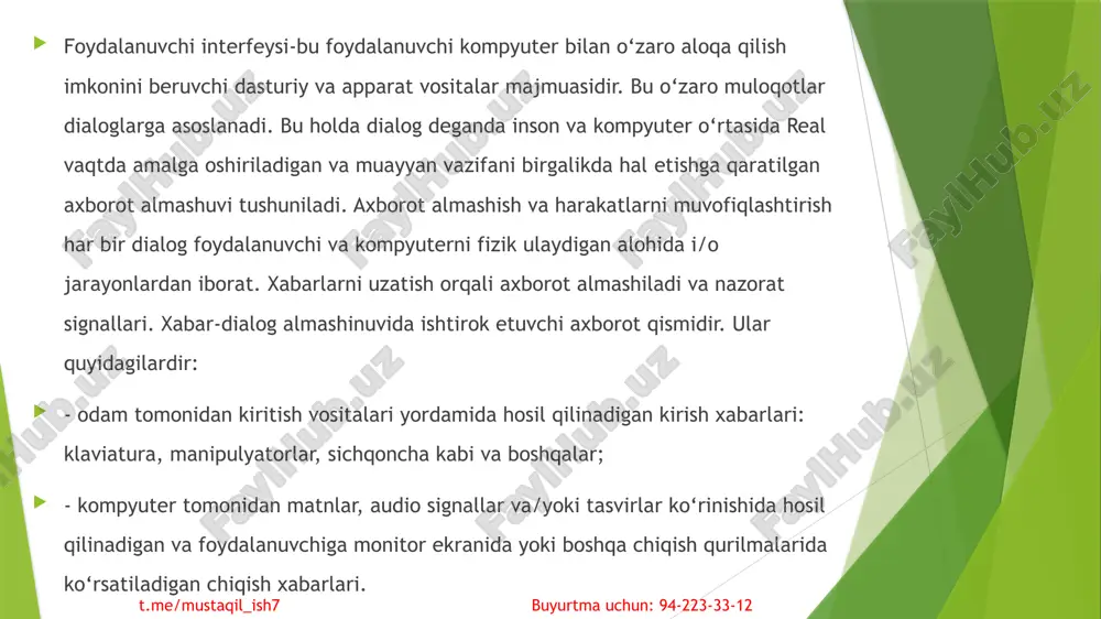 qulay interfeysni ishlab chiqish zarurligiga olib keladi. grafik foydalanuvchi interfeysi-bu kompyuterning tobora ortib borayotgan ishlashi bilan birga mustahkam o‘rnatilgan interfeys turi. yaqin kelajakda, odamlar nutq yordamida kompyuter bilan o‘zaro imkonini beradi foydalanuvchi audio interfeyslarni (vui yoki ovozli foydalanuvchi interfeysi) bo‘lishi mumkin. turli kompyuter o‘yinlari tabiiy foydalanuvchi interfeysi (nui yoki tabiiy foydalanuvchi interfeysi) yaratib beradi. uning tizimi insonning harakatlarini tahlil qiladi va ularni o‘yindagi harakatlarga aylantiradi. perseptual foydalanuvchi interfeysi (pui) va aqlli-kompyuter interfeysi (bci yoki brain-kompyuter interfeysi) hozirda ishlab chiqilmoqda. eng so‘nggi rivojlanish odamlarga kompyuterlarni fikri kuchi bilan boshqarish qobiliyatini taʻminlashga qaratilgan. t.me/mustaqil_ish7 buyurtma uchun: 94-223-33-12 t.me/mustaqil_ish7 buyurtma uchun: 94-223-33-12 web-ilovalarning foydalanuvchi interfeysi ham katta auditoriyadan kelib chiqqan holda o‘ziga xos xususiyatlarga ega. notiqlik haqida, notiqlik-ritorika haqida shunday fan mavjud. fikrlash insoniyat bor ekan, bu mavzu bo‘yicha birinchi ishlar empedokllarga (taxminan miloddan avvalgi v asr) taalluqlidir. ritorikadan bilamizki, hozirgi odamlar sonining ortishi bilan tomoshabinlarning intellektual darajasini kamaytirish qonuni mavjud. auditoriya qanchalik …
