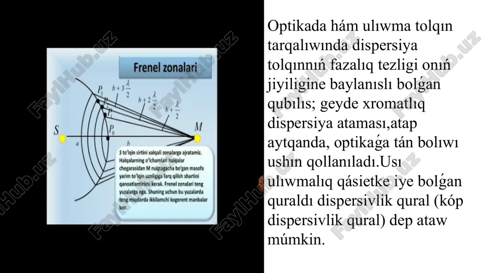 larda jaqtılıqtıń tarqalıwı spektrometrler hám spektroradiometrlerdi quriw ushin qollanıladı.biraq,linzalarda dispersiya xromatikalıq aberraciyaga alıp keledi, bul mikroskoplar, teleskoplar hám fotografiyalıq obektlerdegi súwretleniwlerdi buzıwı múmkin bolgan kiriwshi tásir. bul jerde c-jaqtılıqtıń vakuumdaǵı tezligi, n-ortalıqtıń sındırıw kórsetkishi. ulıwma alganda, sındırıw kórsetkishi jaqtılıqtıń f jiyiliginin bazı bir funkciyası bolıp tabıladı, sonlıqtan n = n (f), yamasa alternativ túrde tolqın uzınlıǵı n ge salıstırganda = n (l). materialdıń sınıw indeksiniń tolıq tolqın uzınlıǵına ǵárezliligi ádette onıń abbe sanı yamasa onıń koefficientleri menen koshi yamasa sellmeyer teńlemeleri sıyaqlı emperikalıq formulada anıqlanadı. kramers-kronig qatnasları sebepli sınıw indeksiniń haqıyqıy bóliminiń tolıq tolqın uzınlıǵına baylanıslılıǵı sınıw kórsetkishiniń jormal bólimi (sonday-aq joǵalıw koefficienti dep ataladı) tárepinen súwretlengen materialdıń jutılıwı menen baylanıslı. atap aytqanda, magnit emes materiallar ushin (m = m 0), kramers-kronig qatnaslarında payda bolatuģın sezgirlik ch - elektr sezgirlik ch e = n 2 − 1. optikada disperciyanıń eń kóp kórilgen aqıbeti aq jaqtılıqtıń prizma arqalı reń spektrine ajıralıwı …