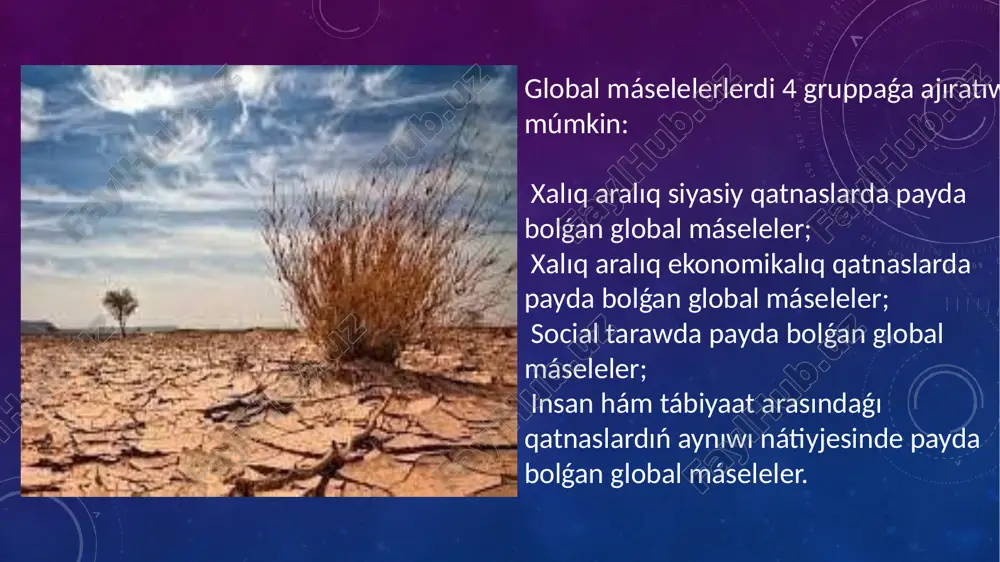igi sonday máseleler taypasına kirad insan hám tábiyaat arasındaǵı qatnaslardıń aynıwı nátiyjesinde payda bolǵan global máseleler olar qatarına teńiz hám suw háwizleriniń bılǵanıwı, orman maydanlarınıń barǵan sayın qısqarıwı, atmosfera ozon qatlamınıń joǵalıp barıwı sıyaqlılar kiredi. abırjı ximiyalıq elementlardıń hádden tıs kóp qollanılıwı nátiyjesinde awıl xojalıǵında egin egiletuǵın jerlerdiń úlken bólegi jaramsız jaǵdayǵa keliw qáwipi kúshaydi. burınǵı sssrda awıl xojalıǵı salasında texnokratik siyasat júritiliwi áqibetinde aral teńizi suwı azayıp, oǵada qıyınshılıqlı ekologiyalıq mashqalalardi keltirip shıǵardı. global máselelerge qarsı gúresde jáhán jámiyetshiligin birlestiriw zárúrli áhmiyetke iye boladı. ózbekstan hám global máseleler ózbekstan respublikası prezidenti islam karimov óz dóretpelerinde, túrli xalıq aralıq ánjumanlarda sóylegen sóylewlerinde oraylıq aziyada global mashqalalardıń kelip shıǵıw sebepleri hám olardı saplastırıw jolların kórsetip berdi, bul mashqalalardi sheshiw xalıq aralıq qawipsizlik hám turaqlılıqtı támiyinlewdiń zárúrli shárti ekenligine jáhán jámiyetshiligi itibarın qaratdı. jurtımızda basqa tarawlar qatarı ekologiyalıq turaqlılıqtı támiyinlew, xalıqtıń qolay tábiyiy ortalıqqa ıyelewi ushın zárúr shárt-shárayatlar jaratıw, tábiyiy resurslardan aqılǵa …