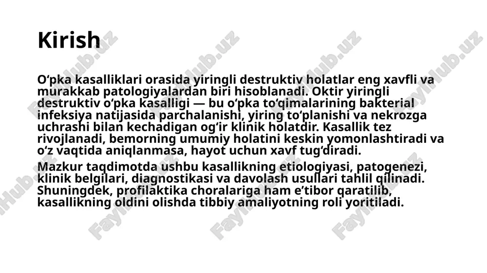 arni bartaraf etish va o‘pka to‘qimalarining tiklanishini ta’minlashdan iborat. dastlab keng ta’sir doirasiga ega antibiotiklar qo‘llaniladi, ular orasida tsefalosporinlar, karbapenemlar va metronidazol kabi preparatlar mavjud. antibiotik terapiyasi bemorning holatiga qarab parenteral yo‘l bilan, ya’ni vena orqali yuboriladi. agar o‘pkada yirik yiringli abstsesslar aniqlansa, ularni drenaj qilish yoki jarrohlik yo‘li bilan olib tashlash talab etiladi. og‘ir holatlarda intensiv terapiya bo‘limida davolash zarur bo‘lib, kislorod terapiyasi va simptomatik vositalar qo‘llaniladi. kasallikning oldini olish uchun esa pnevmoniyani o‘z vaqtida va to‘liq davolash, immunitetni mustahkamlash, sog‘lom turmush tarziga rioya qilish, chekishni tashlash va gigiyena qoidalariga amal qilish muhim ahamiyatga ega. rasmda yiringli destruktiv o‘pka kasalligini davolash uchun antibiotik terapiyasi, jarrohlik amaliyoti tasvirlangan va sog‘lom turmush tarziga e’tibor qaratilgan. vizual tarzda ko‘rik vositalari, profilaktik choralar va bemorning sog‘aygan holati aks etgan. xulosa oktir yiringli destruktiv o‘pka kasalligi — bu o‘pka to‘qimalarining chuqur zararlanishi va yiringli yallig‘lanish bilan kechadigan og‘ir patologik holat bo‘lib, bemorning hayoti uchun …