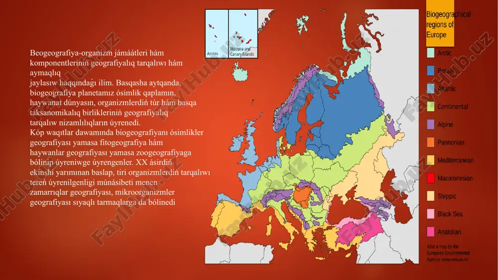 ogeografiyanı biologiyalıq geografiya hám geografiyalıq biologiya dep ataydı bólimlerinen ibarat dep boljap atır. biogeografiya geografiya menen biologiya pánleri shegarasındaǵı pán sıpatında payda bolıp, bul pánlerdiń túyinde rawajlanıwınıń ózi biogeografiyanıń joqarıdaǵı eki pán tarmaqları hám basqa tábiyiy pánler menen baylanıslı ilimler tarawı ekenligin kórsetedi. tábiyiy pánlerden tábiyiy aymaqlıq komplekslerdi úyreniwshi landshaftshaniw páni biogeografiya ushin ayrıqsha áhmiyetke iye. sebebi, landshafttiń basqa komponentlerin úyreniletuǵın klimatologiya, topıraqtanıw, gidrologiya hám basqalar qatarında landshafttıń biologiyalıq komponentin úyrenetuģın biogeografiya da usi pán quramına kiriwi múmkin. óz óz náwbetinde túrli geografiyalıq regionlardıń florası, faunası ósimlikler, haywanat dúnyasın úyreniw regionallıq biogeografiya ulıwma hám regionallıq tábiyiy geografiya pánleri ushın zárúr maǵlıwmatlar beriwi menen áhmietli. biogeografiya kartografiya menen tıǵız baylanıslılıǵı. organizmlerdiń tarqalıwın kórsetiw ushin biogeografiyalıq kartografiyalıq metodti iyelegen boliwi kerek. sebebi kartada túsindirilip atırǵan mazmundı tiyisli kartografiyalıq qaǵıydalardı bilmey júdá kóp bildiriw túsinbewshilikke alıp keliwi múmkin. demek, kartografiyalıq metodtı iyelew biogeografiya ushin hám geografiya ushin birdey zárúr. biologiya pánlerinen biogeografiyaga biologiyalıq …