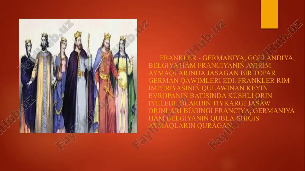 e emes, al keyingi ásirlerde de evropa siyasiy kartasın qáliplestiriwde áhmiyetli orın tuttı. frank korollıǵınıń miyrası házirgi zaman evropasında da óz izin qaldırdı. galliyada jaylasıw frankler birinshi márte eramızdıń 289-jılı zamanagóy rim deregi tárepinen tilge alınǵan bolsa da, olar 289-jıldan 10 jil aldın rimlilerge qarsı gúresken. 260-jilga tiyisli rim marshi qosıǵı mıńlaǵan franklardıń ólimine ishora etedi. arxeologiyalıq dáliller bolsa frankler rim galliyasına 250-jıllarda hújim etkenligin kórsetedi. iii ásir aqırına kelip, frankler rim aymaģına qurgaqlıqtan da, teńizden de kóplep hújimler shólkemlestirgen. frank qorazları jer orta teńizine júzip kirip, arqa afrikaga shekem bastırıp baradı. bul basqınshılıqlar franklerge qarsı bir neshe tabıslı atlanıs baslagan rim imperatorlarınıń itibarın tartadı. 289-jilda frank korolı - gennobaudtıń hám rim imperatorı - maksimianga (286-305-jıllarda húkim súrgen) taslim bolganlıǵı atap ótilgen. 307-jilda brukterilerdiń frank qáwimi trierdegi arenada eki brukteri basshısın haywanlarga taslagan konstantin i (306-337-jıllar) tárepinen jeńilgen. jeńimpaz rimliler bul júris dawamında kóplegen franklardı qolga kirgizgen. rimliler tólem jiynaw …