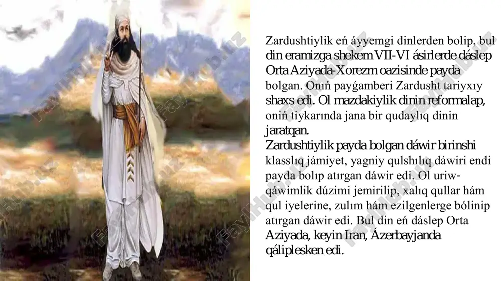 hamoniyler, arshakiyler hám sasaniyler dáwirinde, yaǵnıy b.e.sh. xi ásirden b.e.sh. xii ásirge shekem izbe-iz áyne jaqın hám orta shigista mámleketlik din dárejesinde bolgan. ekinshisi, "shigis teoriyası" bolip, ogan kóre, zardusht watanı hám zardushtiyliktiń dáslepki tarqalgan jeri xorezm esaplanadı. kópshilik derek tanıwshılar ekinshi teoriya tárepdarları esaplanadı. xorezm zardushtiyliktiń muqaddes jalını azarxurra birinshi márte jaģilgan hám eń ullı quday - axura-mazdanıń zardusht penen baylanısqan orni esaplanadı. zardushtiyliktiń tiykargı deregi avestoda: "birinshi márte muqaddes jalın - "ozarxurra" "airyanem- vaeja" (ayırım dereklerde - "eran-vej") da jaģıldı," delinedi. zardushtiylik táliymatı. zardushtiylik táliymatı oraylıq aziyada áyyemgi dáwirde bar bolgan tábiyat kúshlerin qudaylastırıwshı isenimlerge (oraylıq aziya áyyemgi xalqının "eski dini"ne) salıstırģanda monoteistlik táliymat bolip tabıladı. ol biykarǵa qan tógiwshi qurbanlar, áskeriy soqlıǵısıwlar, basqınshılıq urısların qaralap, otırıqshı, tınısh turmıs keshiriwge, miynetke, diyqanshılıq, sharwashılıq penen shuǵıllanıwǵa shaqıradı. materiallıq turmıstı jaqsılawǵa urınıwdı jawızlıqqa qarsı gúres dep esaplaydı. zardushtiylik dininde tıń jer ashıp, onı baǵ-baqshaǵa aylandırǵan adam ilahiyat raxmetine ushiraydı. kerisinshe, …