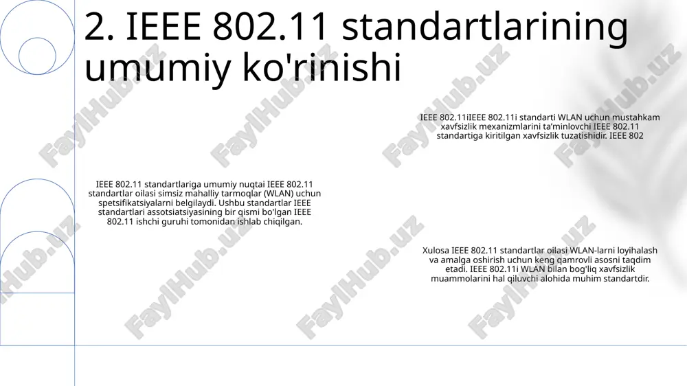 entifikatsiya va shifrlash mexanizmlarini standartlashtirish orqali turli ishlab chiqaruvchilarning qurilmalari o'rtasida o'zaro ishlash va roumingni ta'minlaydi. o'tish: ieee 802.11i xavfsiz va uzluksiz ulanishni ta'minlab, tarmoqqa qo'shiladigan yoki undan chiqadigan qurilmalar uchun silliq o'tishni ta'minlaydi. xavfsizlik: ieee 802.11i foydalanuvchi ma'lumotlari va tarmoq resurslarini himoya qilish uchun wpa2 va wpa3 kabi mustahkam autentifikatsiya va shifrlash protokollarini joriy etish orqali simsiz tarmoqlar xavfsizligini oshiradi. 6. o'zaro ishlash va o'tish tartibga solish muammolari:- boshqa xizmatlarga xalaqit bermaslik uchun qo'llaniladigan qattiq quvvat cheklovlari.- turli hududlar va foydalanish uchun ajratilgan maxsus kanallar. standart ieee 802.11i:- simsiz lan uchun xavfsizlik yaxshilanishlarini belgilaydi.- kuchli kalitlarni boshqarish va autentifikatsiya mexanizmlarini joriy qiladi. standart ieee 802.11i:- turli ishlab chiqaruvchilarning qurilmalari o'rtasida o'zaro ishlash va moslikni ta'minlaydi.- ruxsatsiz kirishni oldini olish orqali simsiz tarmoqlar xavfsizligini oshiradi. 7. normativ masalalar kengaytirilgan xavfsizlik: ieee 802.11i’dagi kelgusi ishlanmalar simsiz tarmoqlarni ruxsatsiz kirish va ma’lumotlar buzilishidan himoya qilish uchun xavfsizlik choralarini kuchaytirishga qaratiladi. yuqori tezlikdagi …